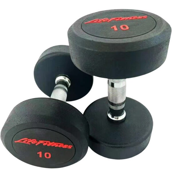 Pair of black round rubber-coated dumbbells with chrome handles