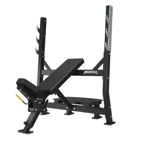 Incline Olympic bench with integrated barbell rack, model ALA-1653