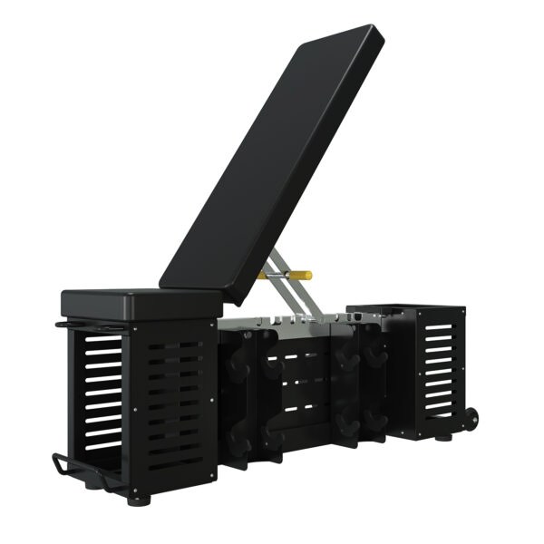 Adjustable bench with integrated plate and dumbbell storage, model ALREP-2129