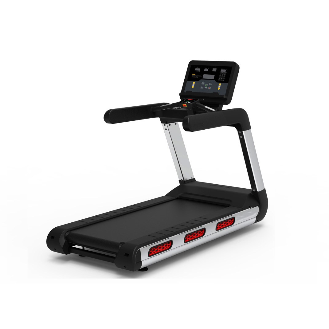 Commercial treadmill with dual touchscreen console and LED side accents, model ALST-P1010