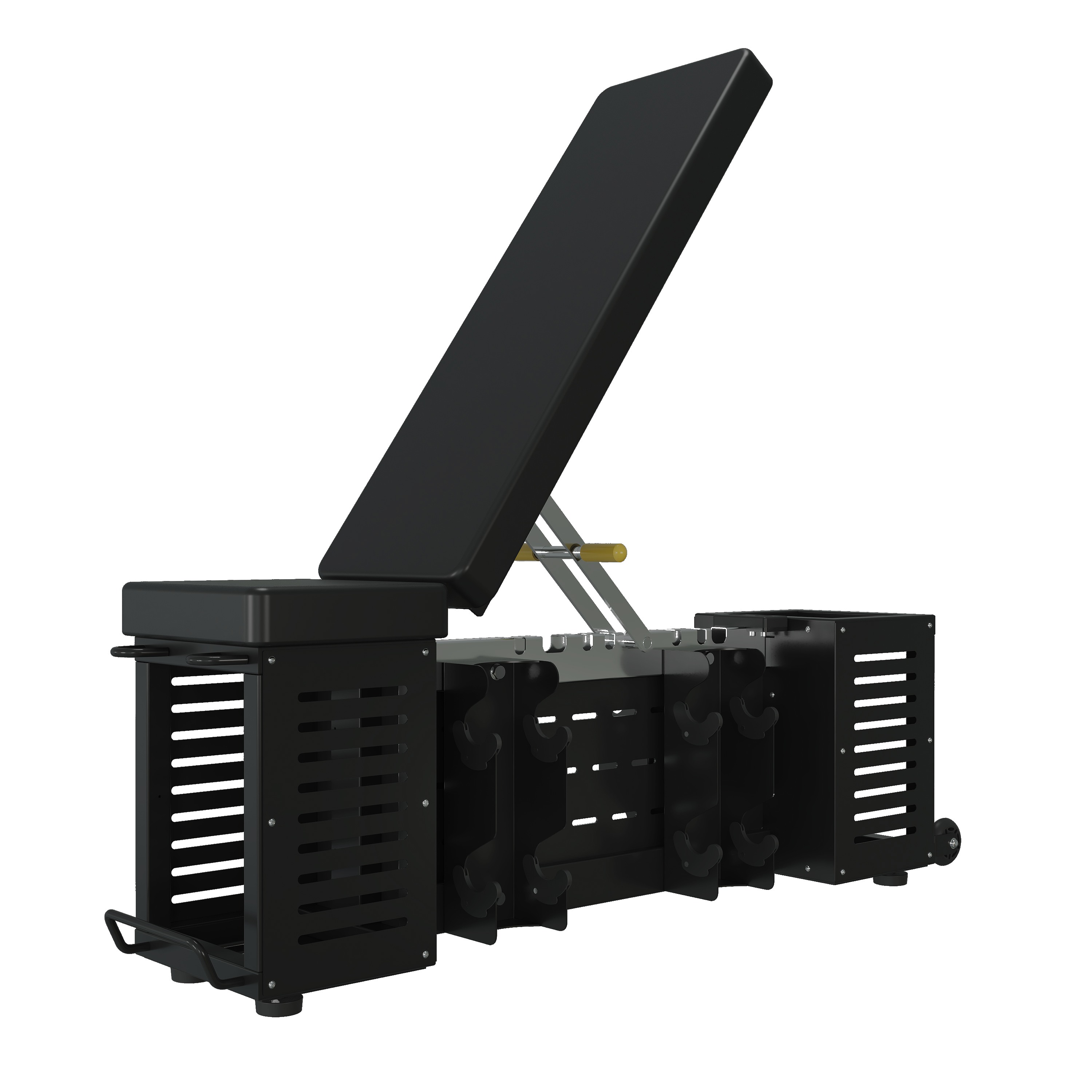 Adjustable bench with built-in storage — twin slotted end towers, centre dumbbell saddle cradles, side accessory hooks, pop-pin angle adjustment, and a rear transport wheel