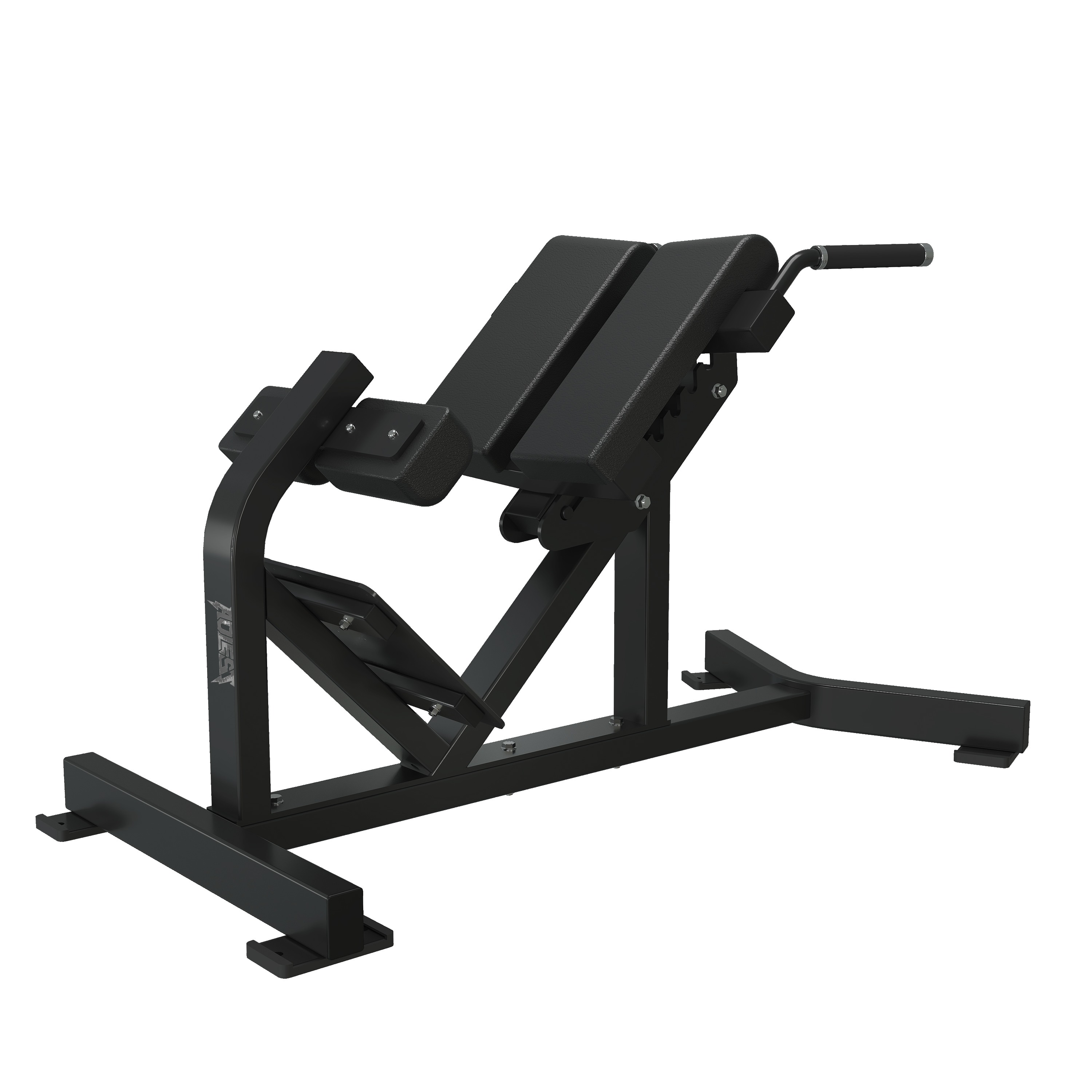 Adjustable 45-degree Roman chair hyperextension bench with split hip pad and padded foot anchors