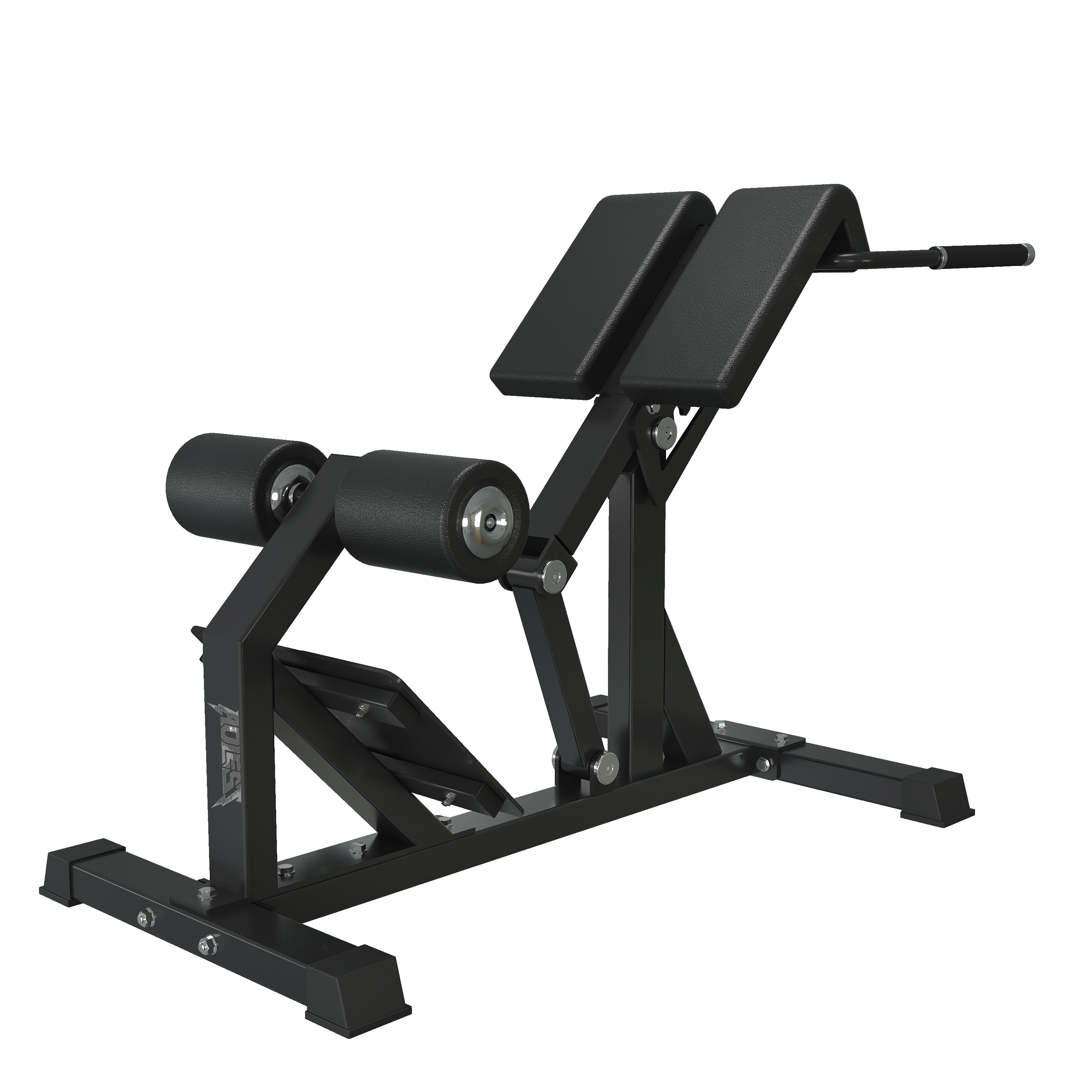 Compact low-profile adjustable Roman chair hyperextension bench with thick foot anchor rollers and side grab handle