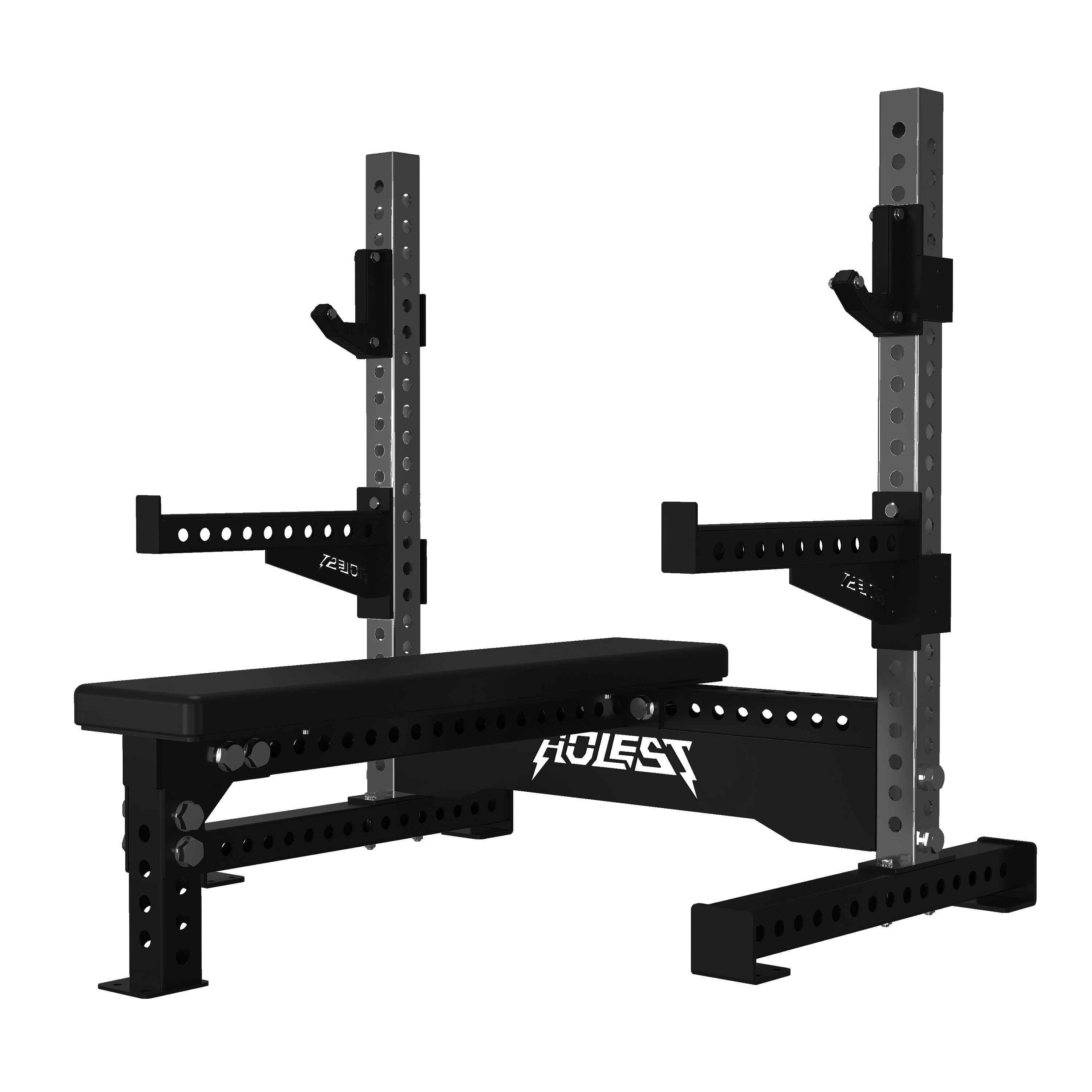 Heavy-duty competition flat bench press with two tall numbered uprights, movable J-hooks, side spotter arms, and a bolt-down base