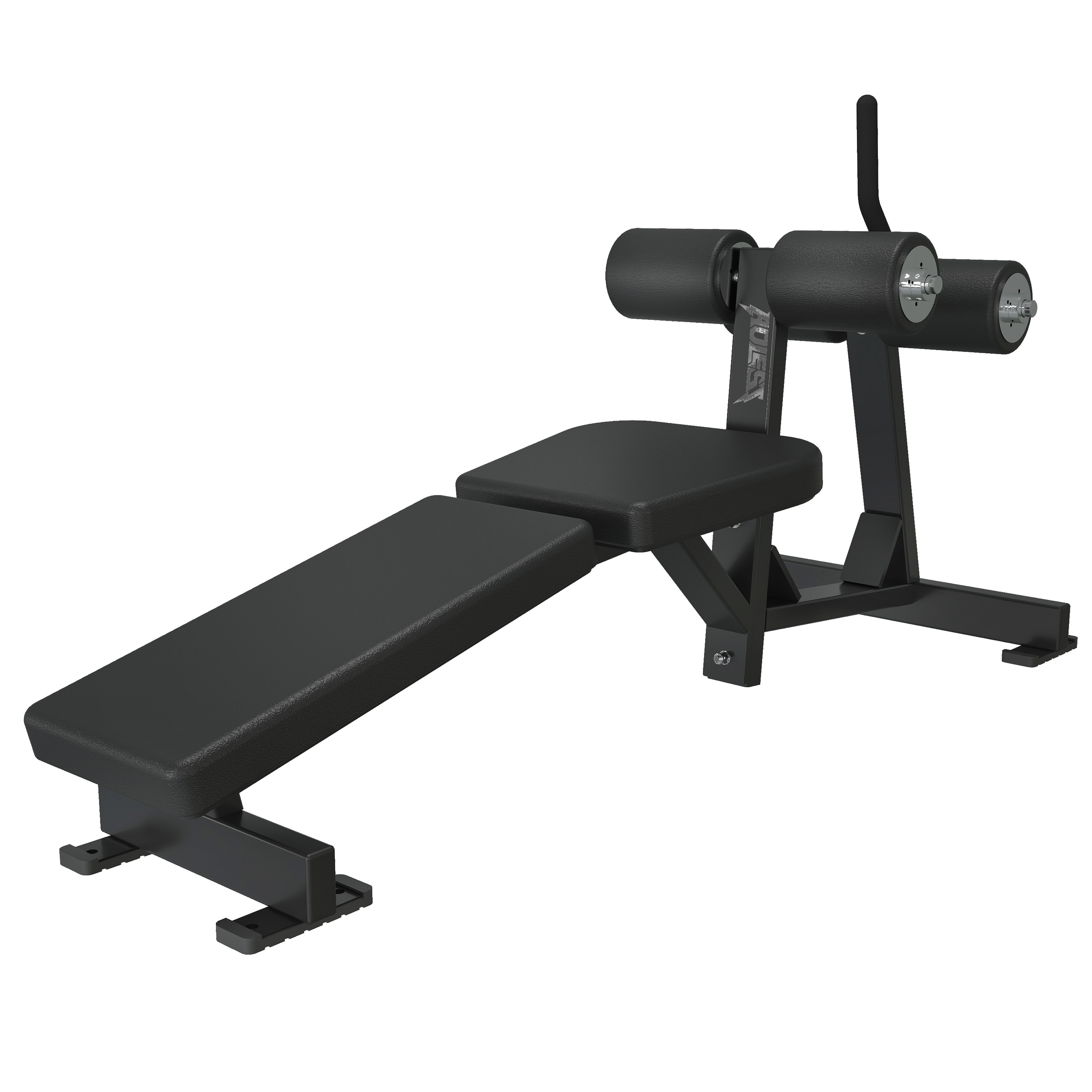 Decline abs bench with low-angle pad, raised knee/thigh support, twin foot anchor rollers, and a low-profile bolt-down base