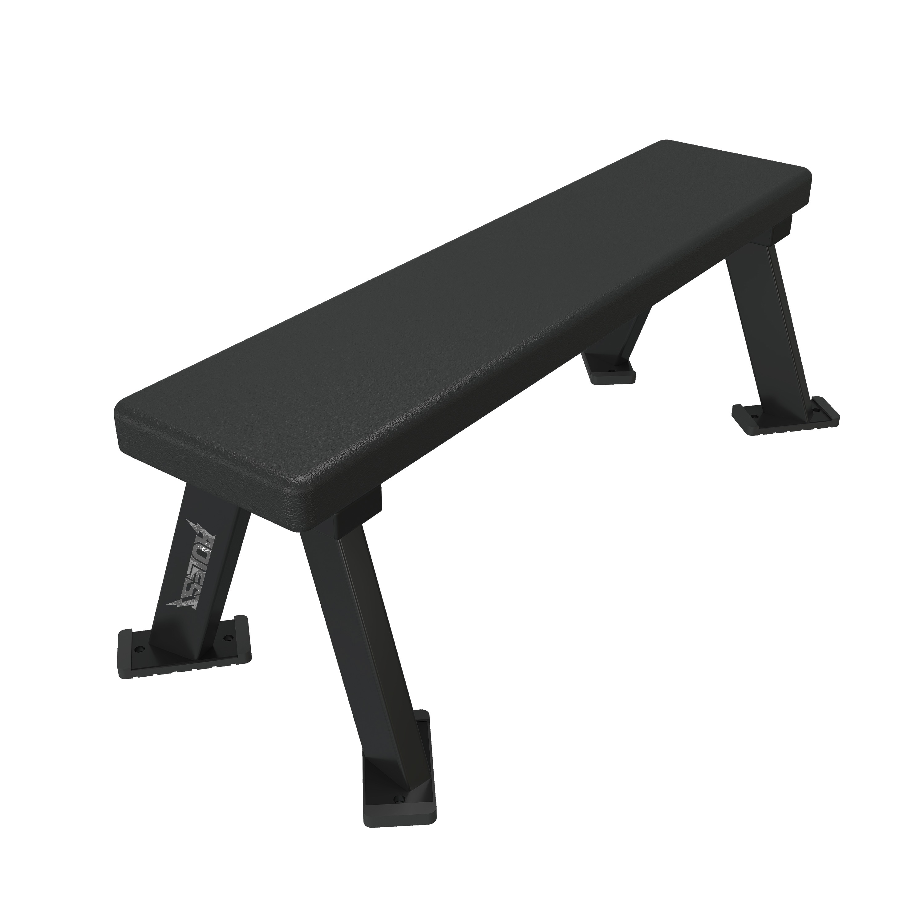 Extended flat utility bench with longer pad, three A-frame legs (end + middle + end), and bolt-down footplates