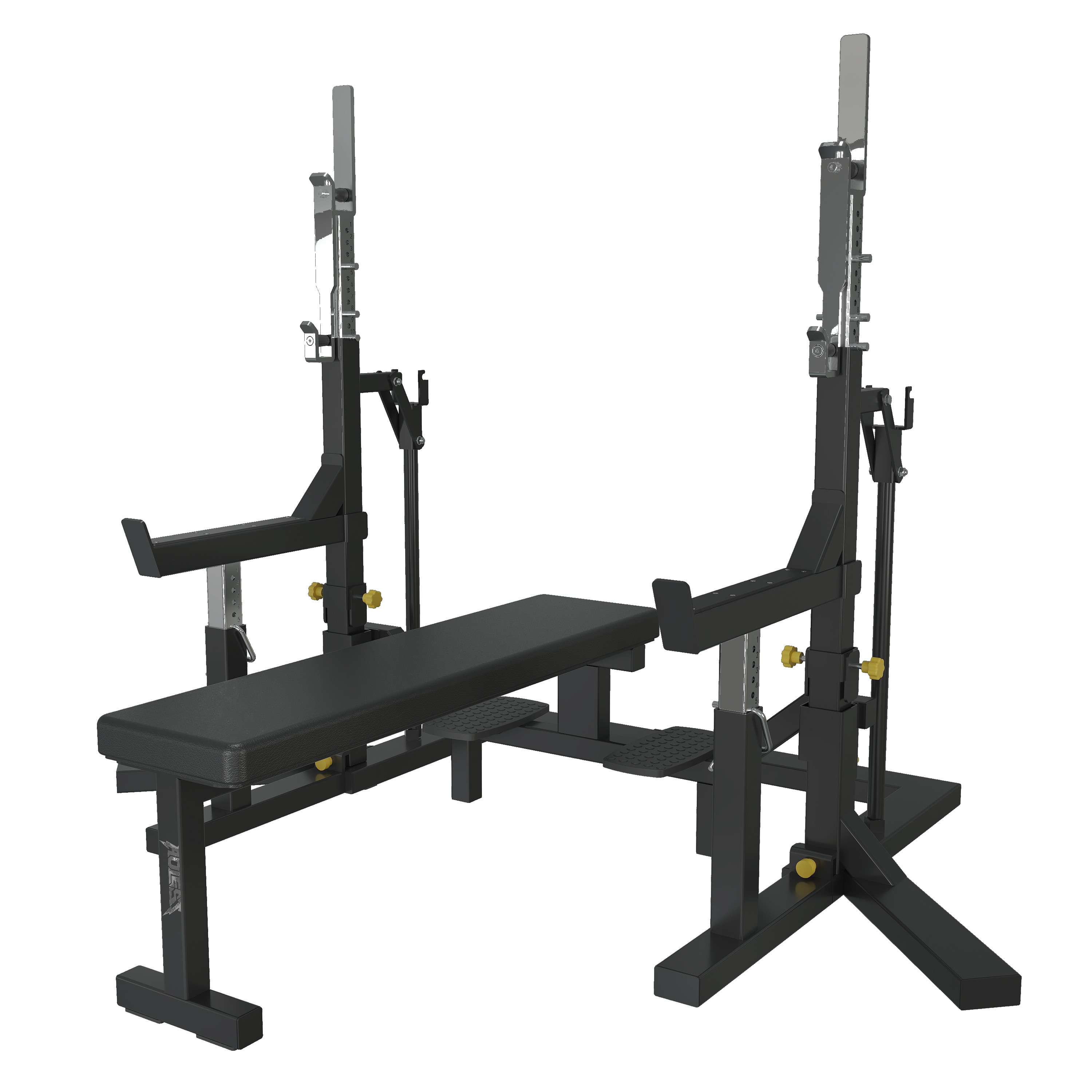 Flat Olympic competition bench press station with independent adjustable J-hook uprights and spotter arms