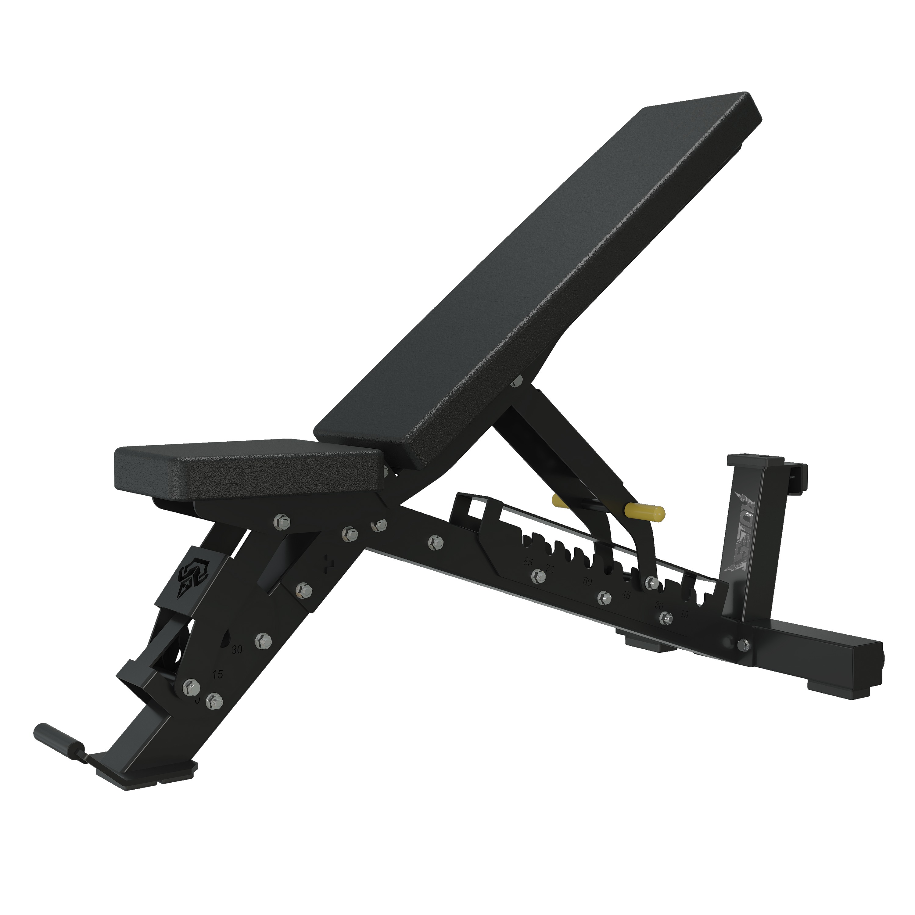 Heavy-duty adjustable bench with laser-cut steel ladder, numbered angle indicators, tilt-adjustable seat, and rear transport wheels