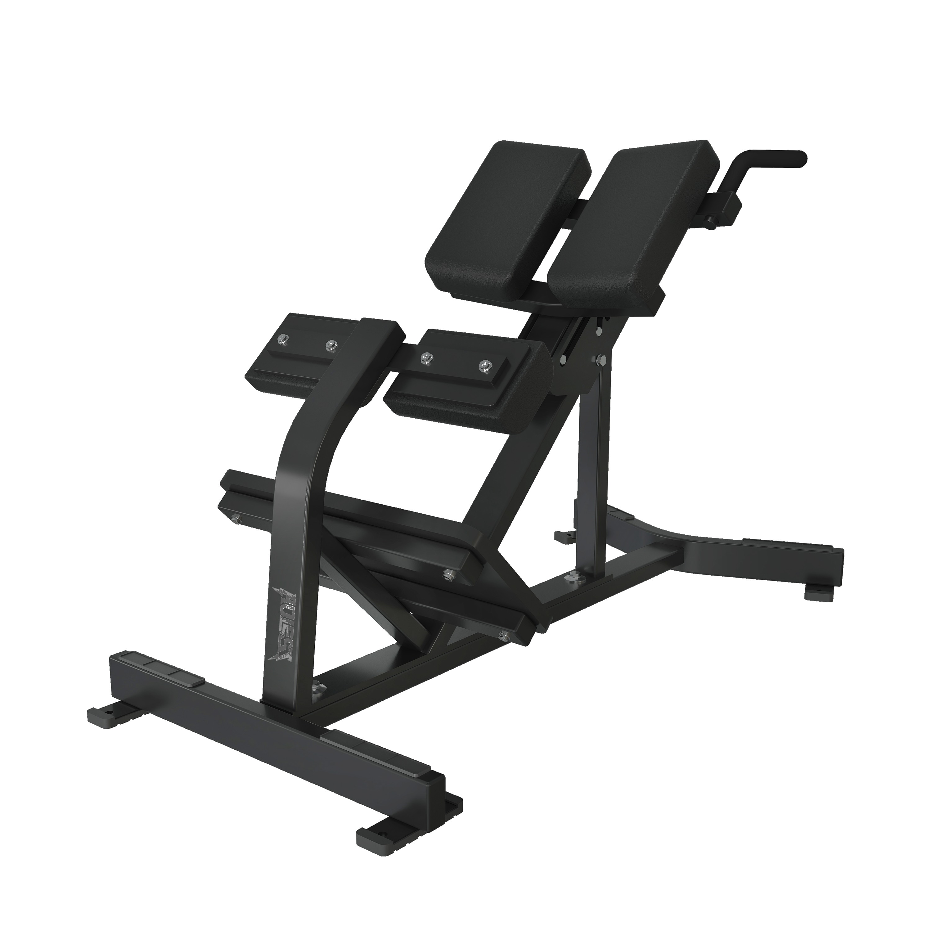 Heavy-duty 45-degree Roman chair with split twin hip pads, adjustable-height arched column, side grab/transport handle, and a thick rectangular bolt-down base