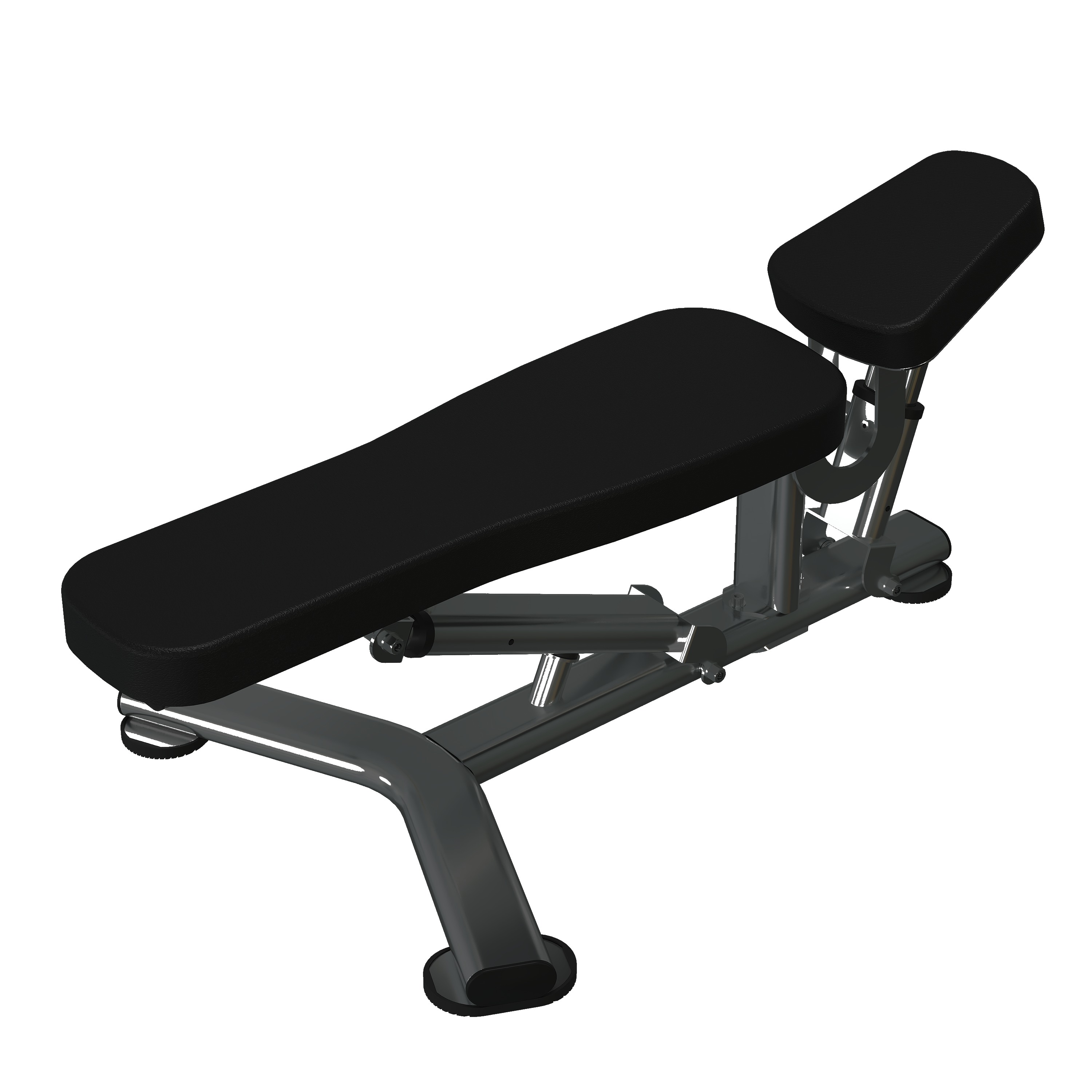 Hydraulic-assist adjustable bench with gas-piston angle adjustment, split flat pad and rear seat pad, and a sculpted chrome single-column base