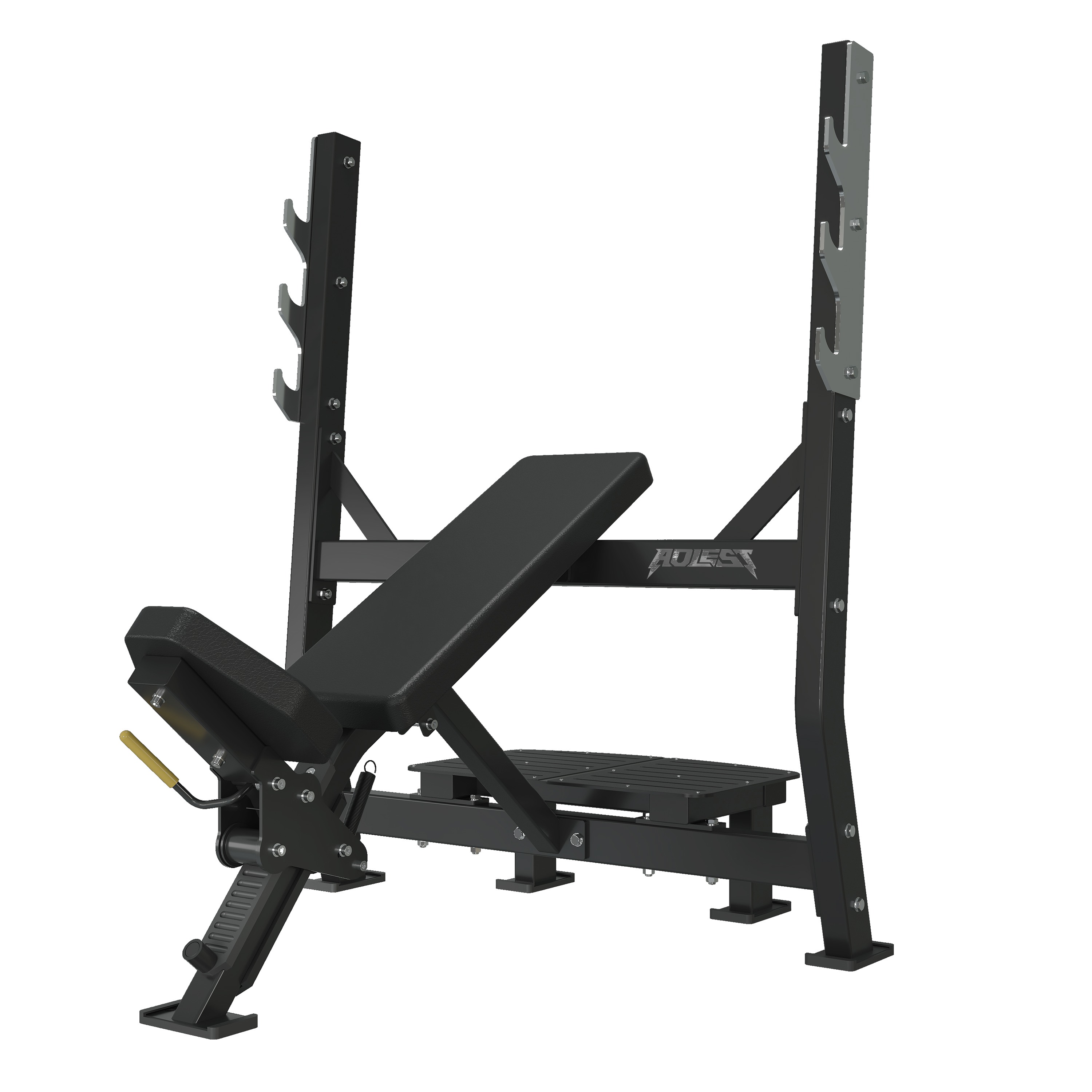 Incline Olympic bench press station with adjustable back pad, integrated J-hook uprights, and rear plate horns