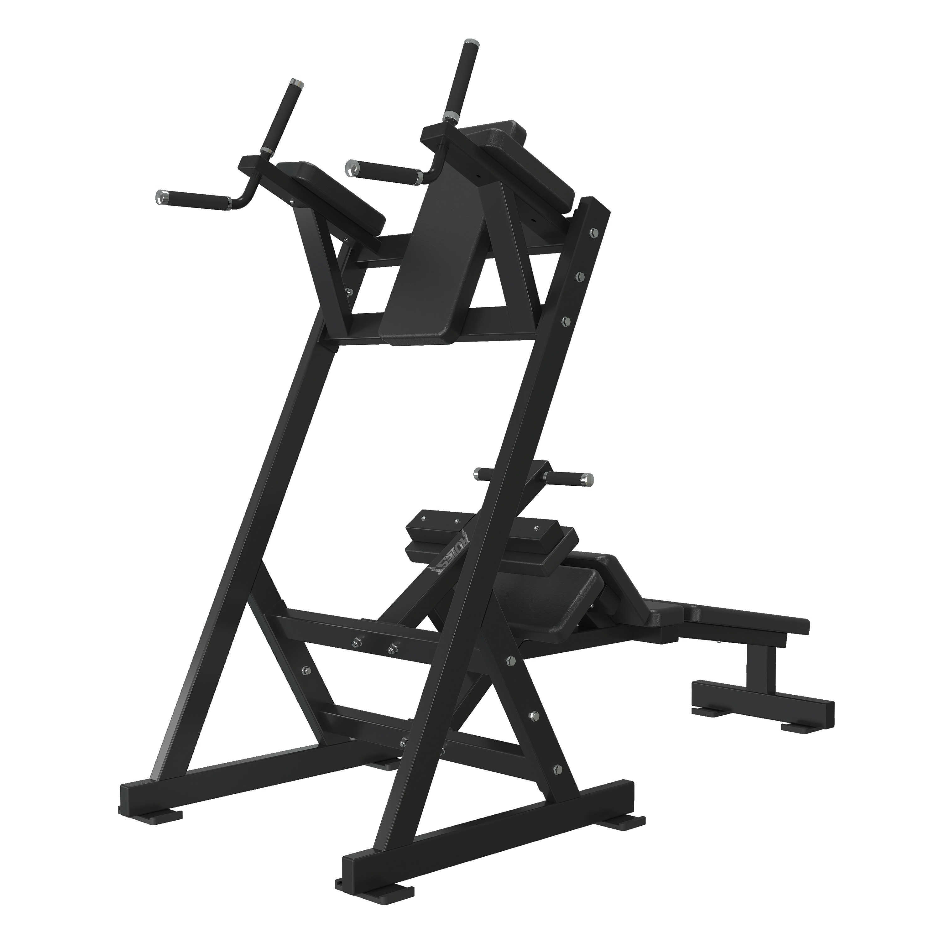 Multi-station bodyweight tower with chin-up bar, dip station, vertical knee raise station, and integrated decline bench