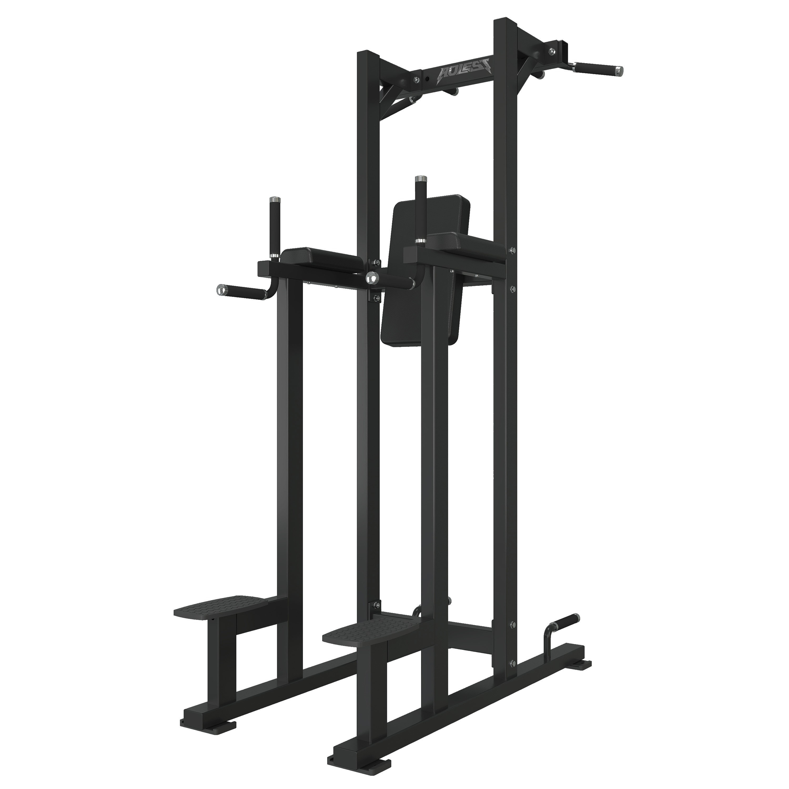 Bodyweight tower with multi-grip pull-up bar, dip station, vertical knee raise station, and step-up platforms
