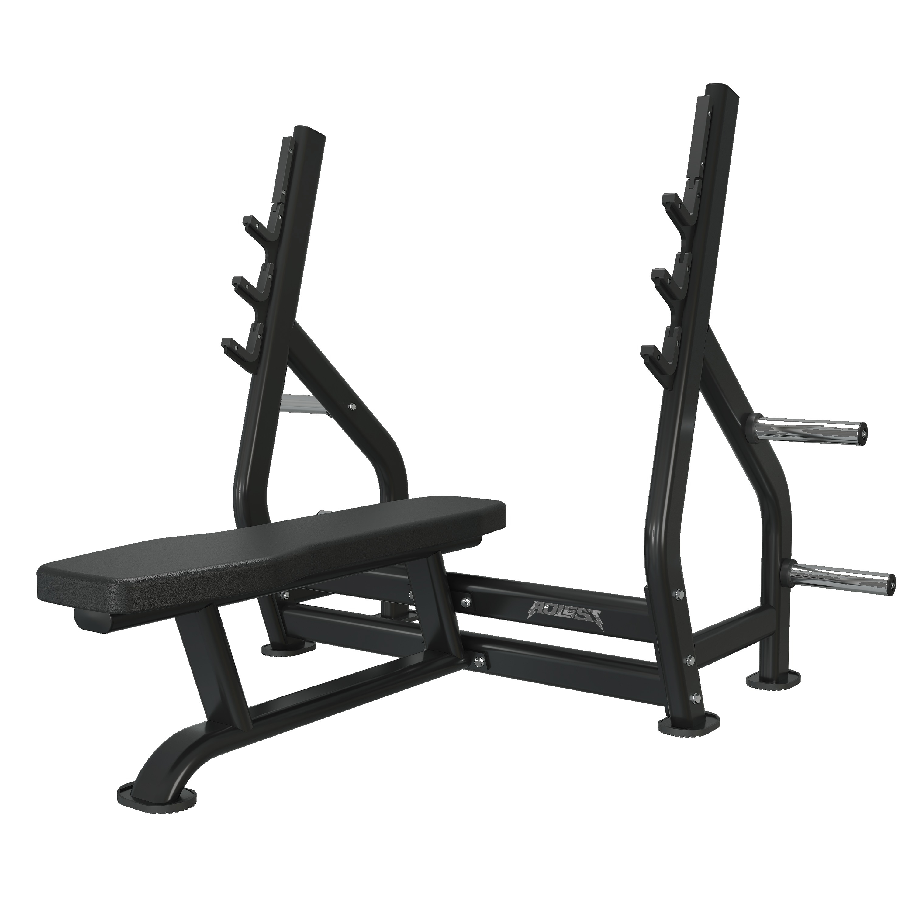 Olympic flat bench press with integrated multi-tier J-hook uprights, chrome plate horn storage on the back, and a bolt-down base
