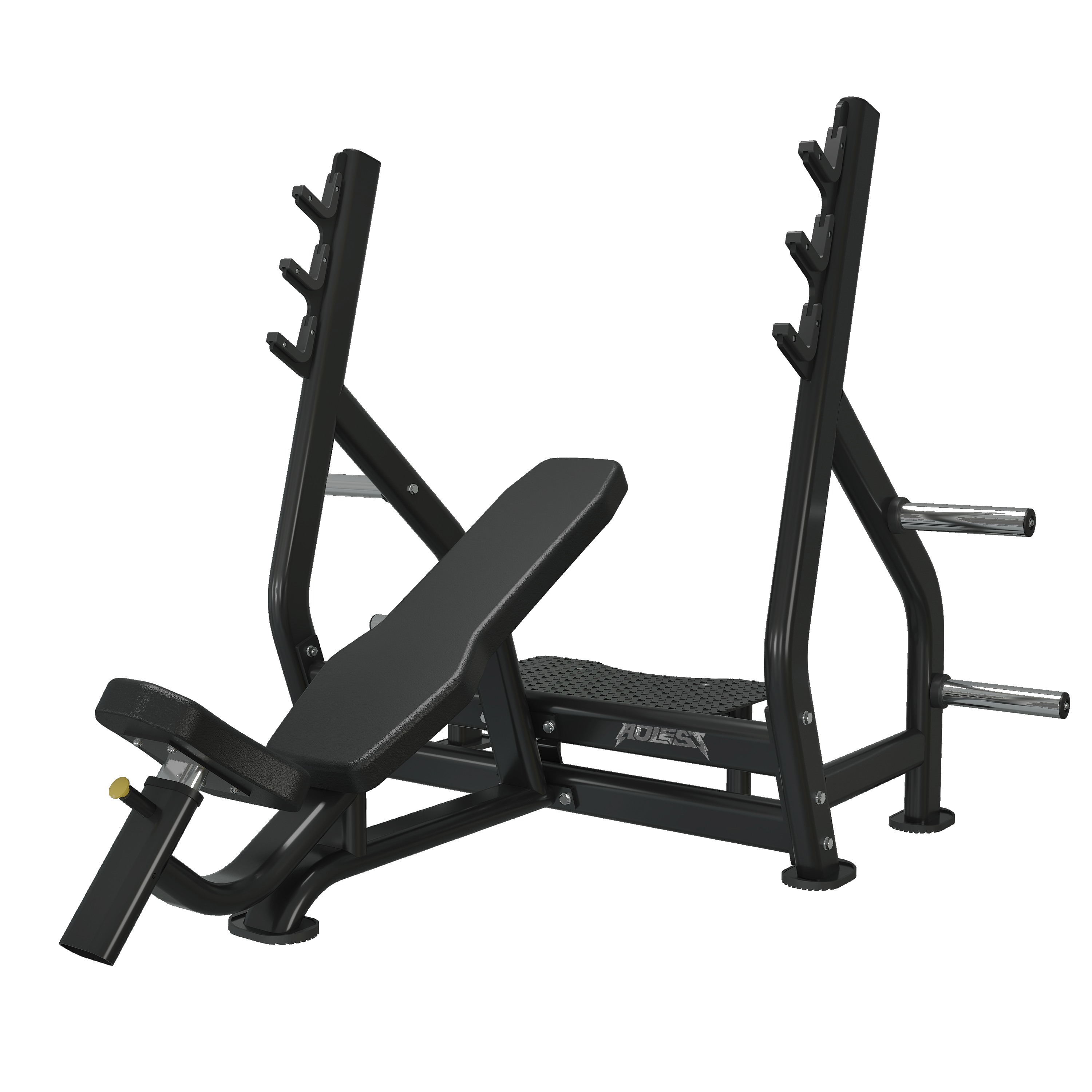 Olympic incline bench press with fixed incline pad, multi-tier J-hook uprights, sculpted seat, chrome plate horn storage, and an integrated spotter step platform