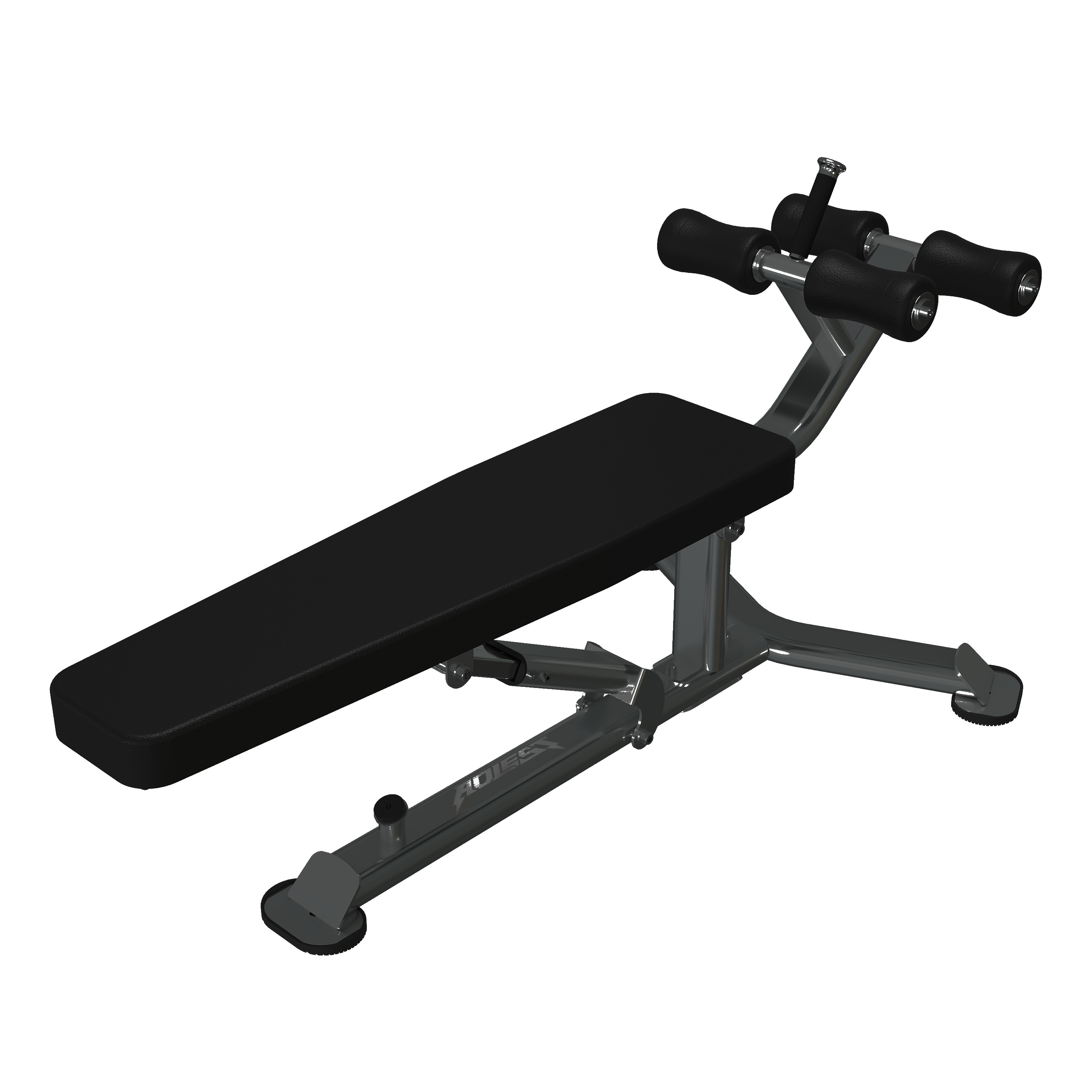 Premium adjustable abdominal bench with twin padded foot anchor rollers, multi-position decline adjustment, sculpted chrome base, and a long flat decline pad