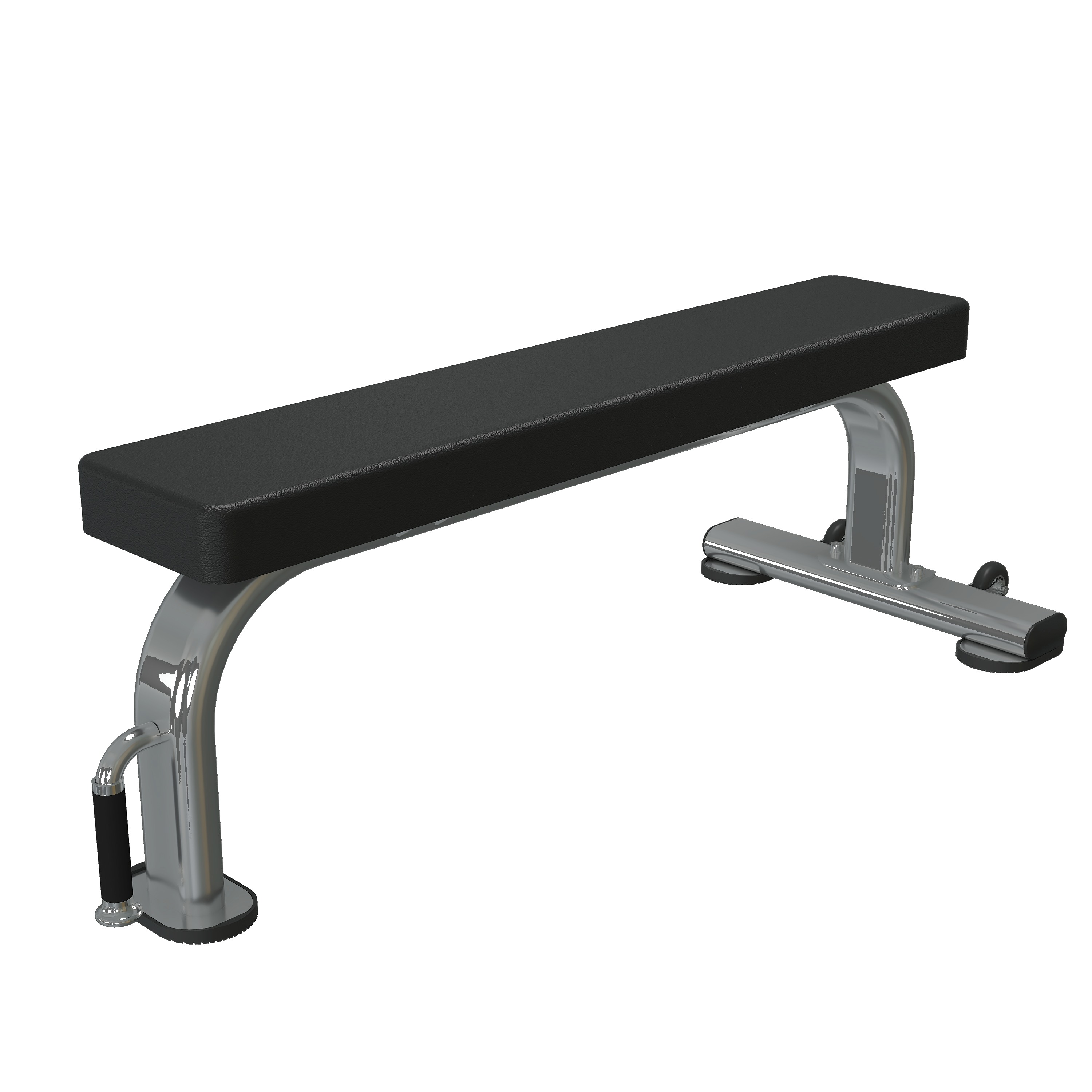 Premium flat utility bench with sculpted single-column chrome base, contoured flat pad, and rubber-capped curved feet