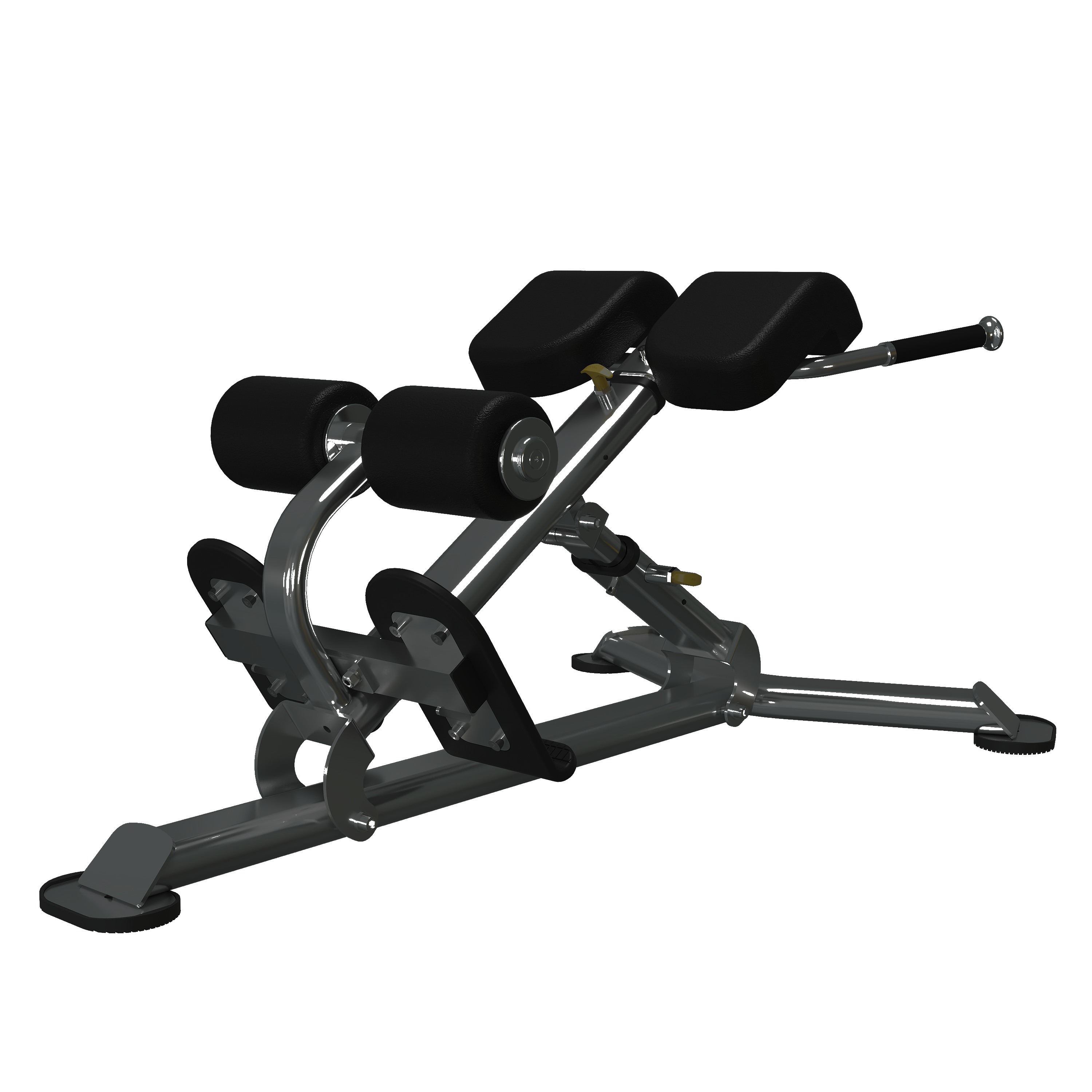 Premium multi-position hyper extension with split twin hip pads, padded foot anchor rollers, multi-angle pop-pin adjustment, side grab/transport handle, and a sculpted chrome base with stepped foot platforms