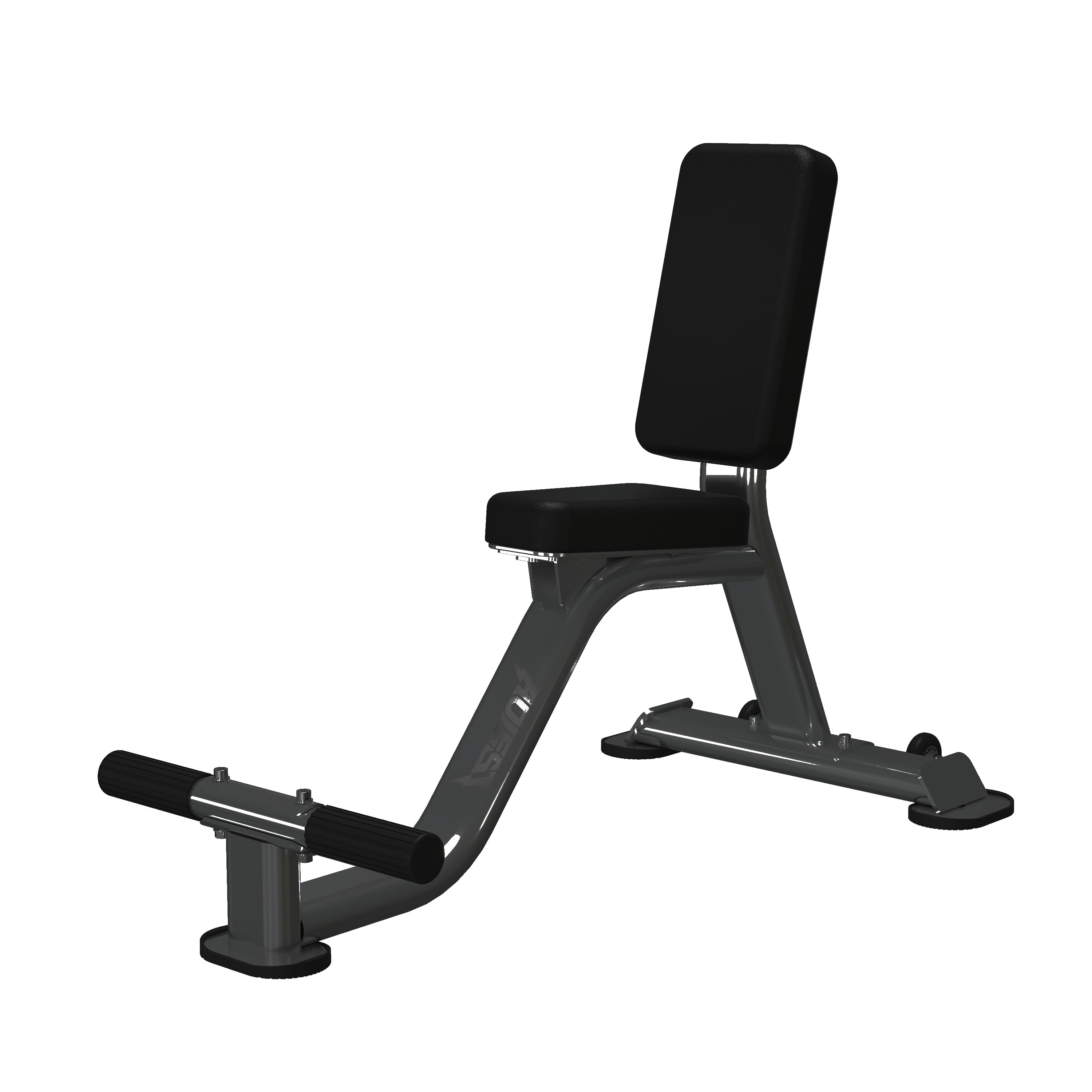 Premium upright bench with vertical back-support pad, square seat, front foot anchor roller, sculpted chrome single-column base, and a rear transport wheel