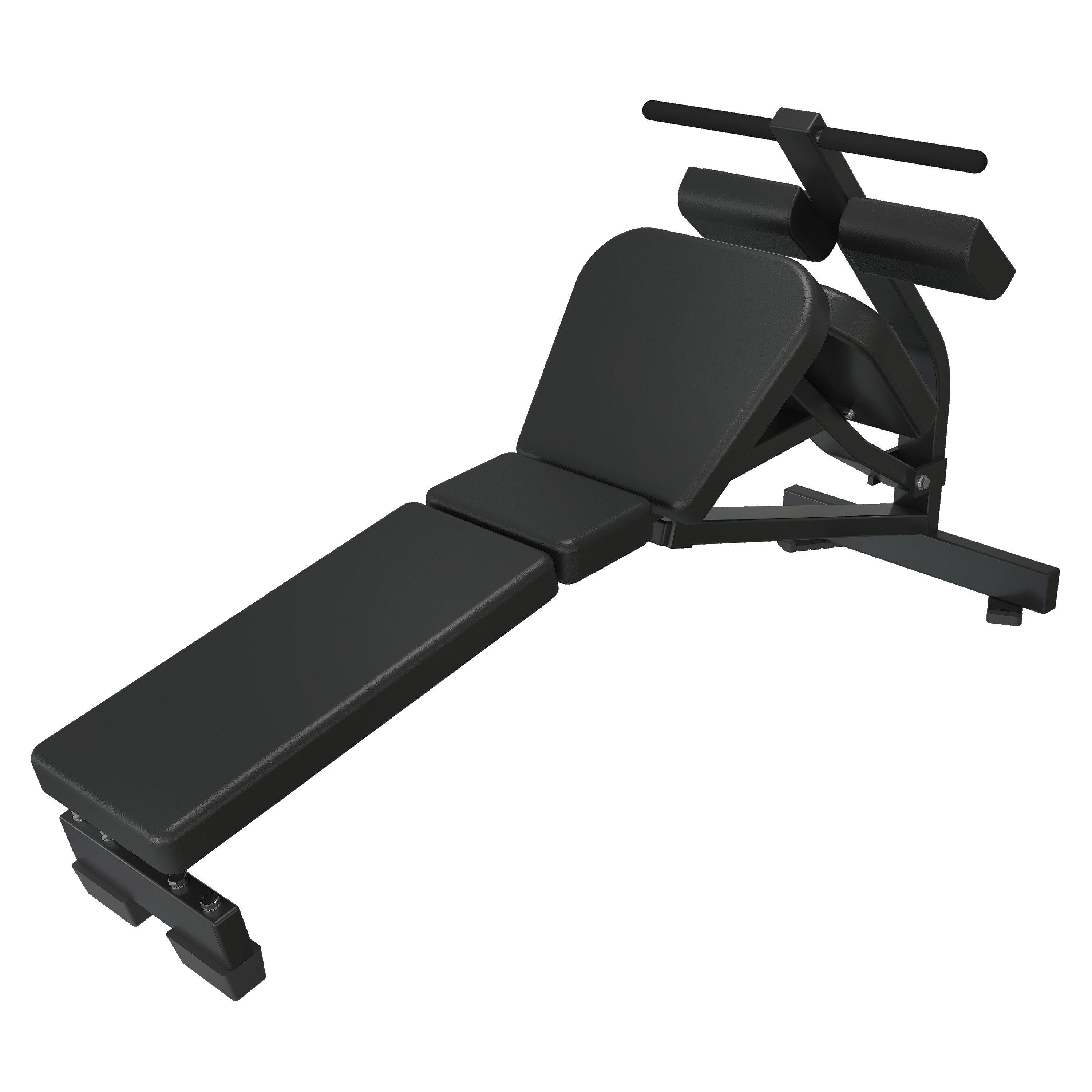 Fixed-angle decline sit-up bench with raised lower-back support pad, twin padded foot anchor rollers, knee pad, and bolt-down base
