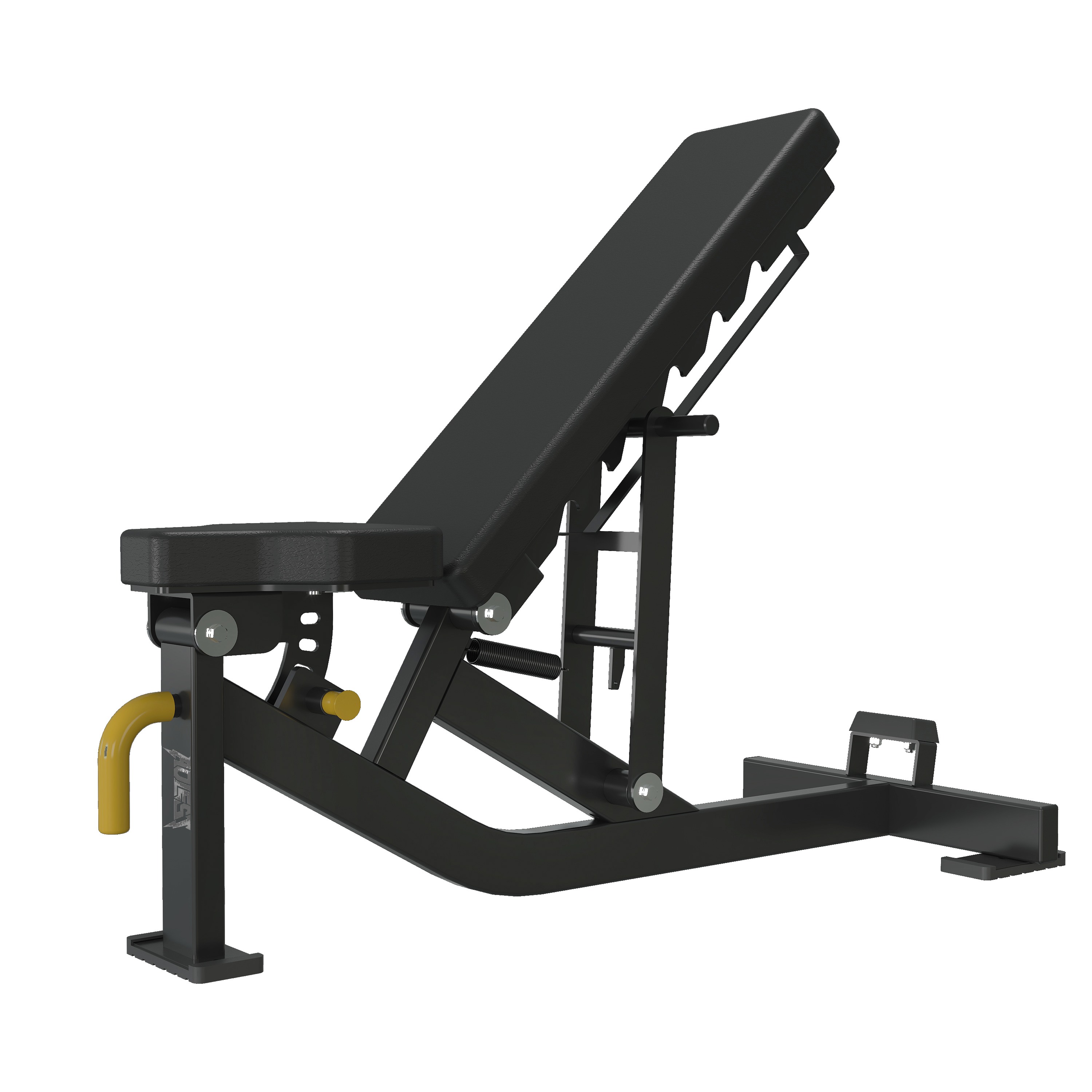 Spring-assist adjustable bench with counterbalance spring for easy back-pad adjustment, independently adjustable seat and back, yellow release handle, and rear transport mechanism