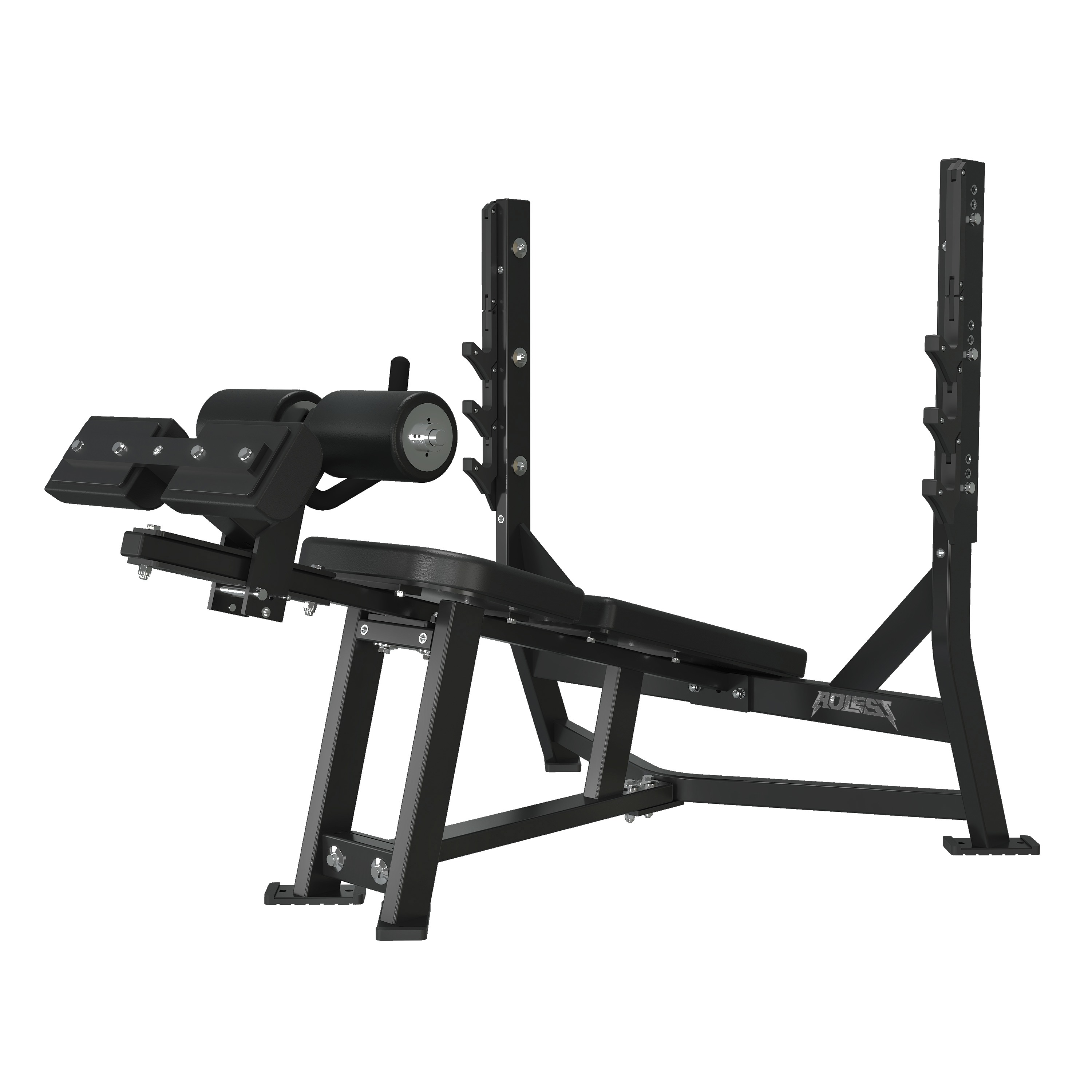 Standard decline bench press with two welded uprights, three-position J-hook cradles on each side, fixed decline pad, padded foot anchor rollers, and a bolt-down base
