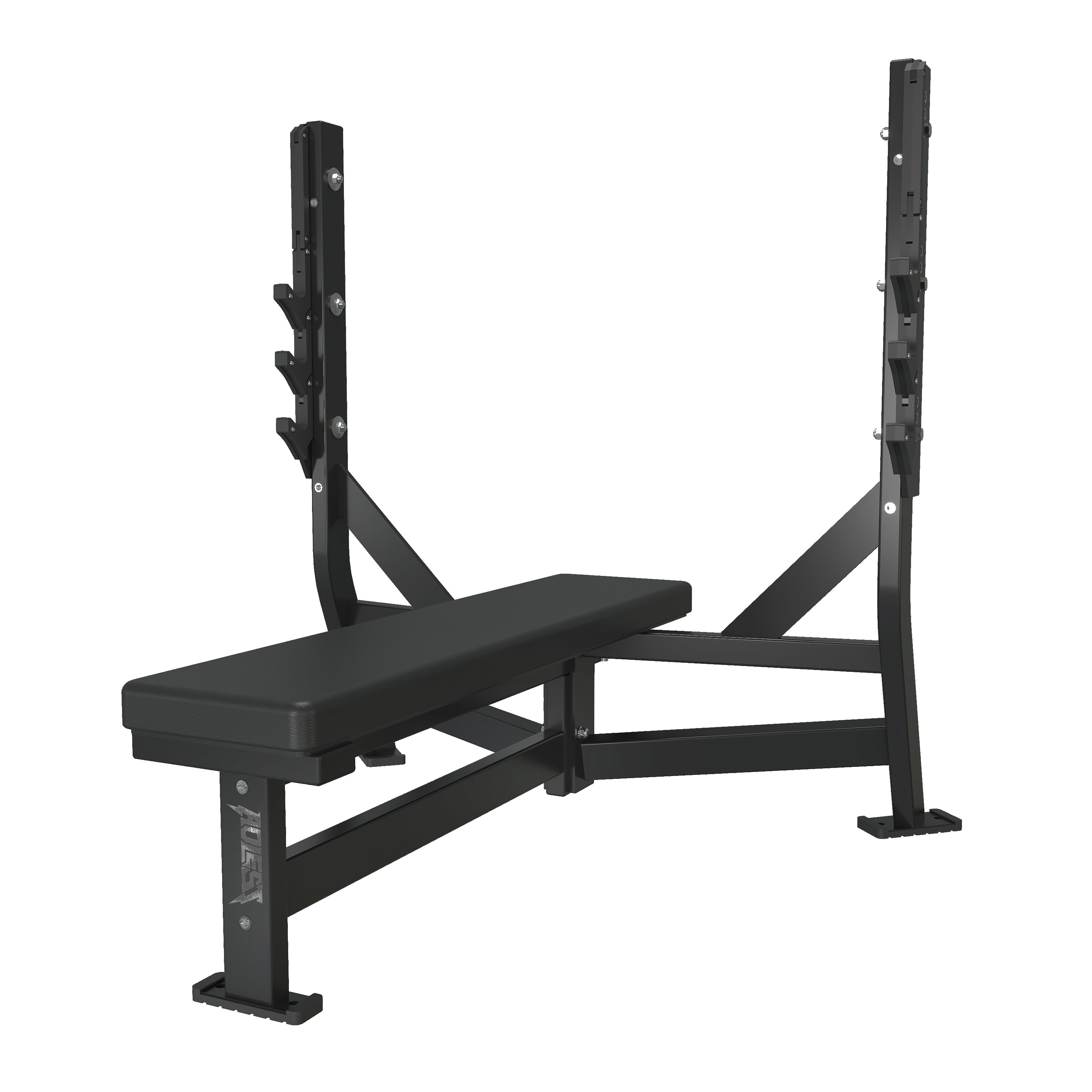 Standard flat bench press with two welded uprights, three-position J-hook cradles on each side, welded angle braces, and a bolt-down base