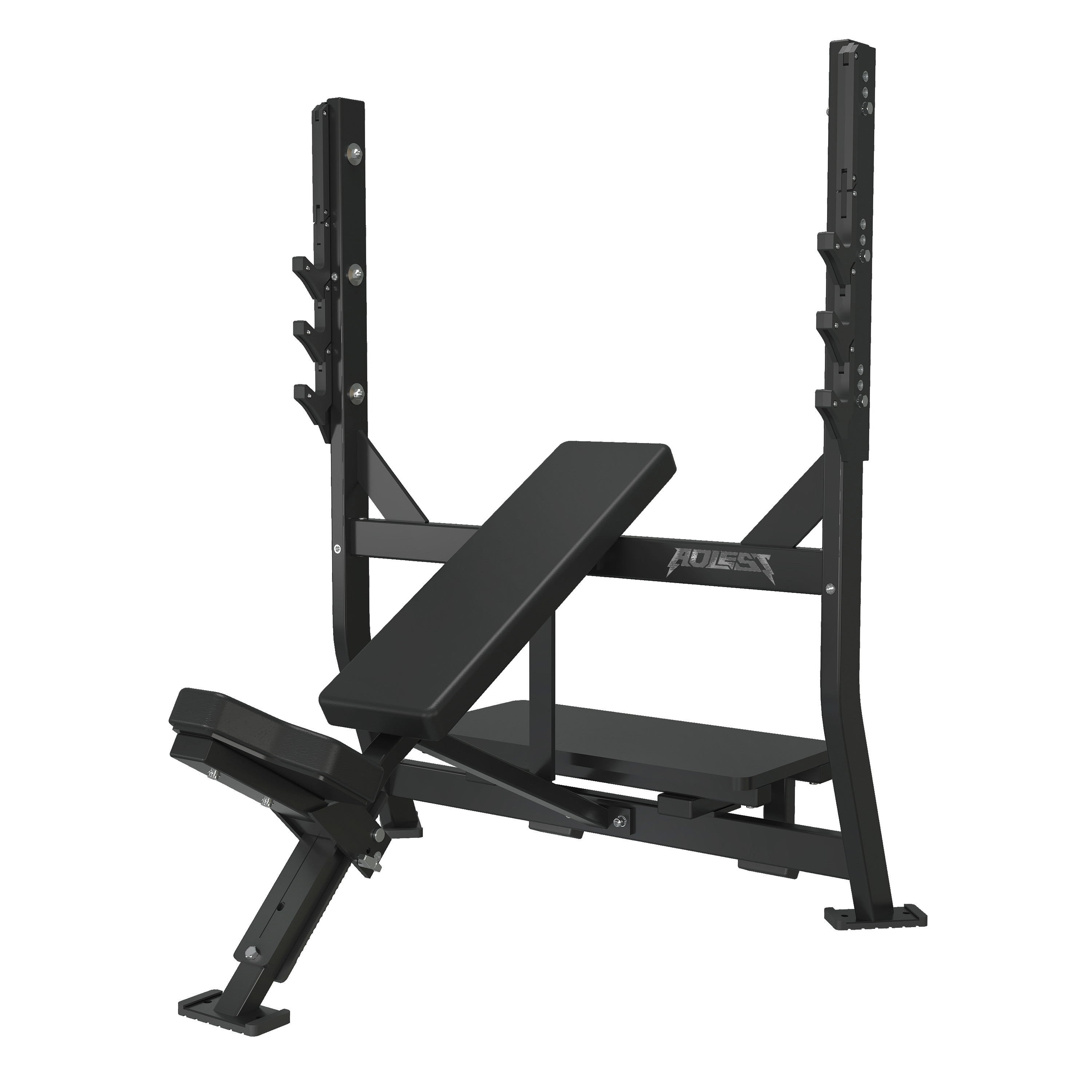 Standard incline bench press with two welded uprights, three-position J-hook cradles on each side, integrated adjustable FID bench inside the cage, and a bolt-down base