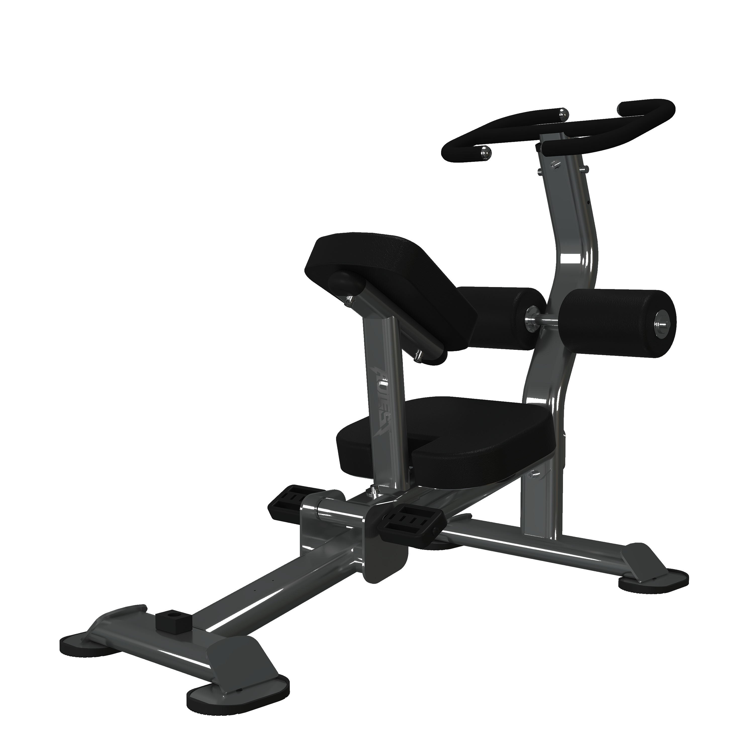 Premium stretch machine with padded seat, contoured back/chest pad, twin overhead handgrips, side foot anchor rollers, and stepped foot platforms