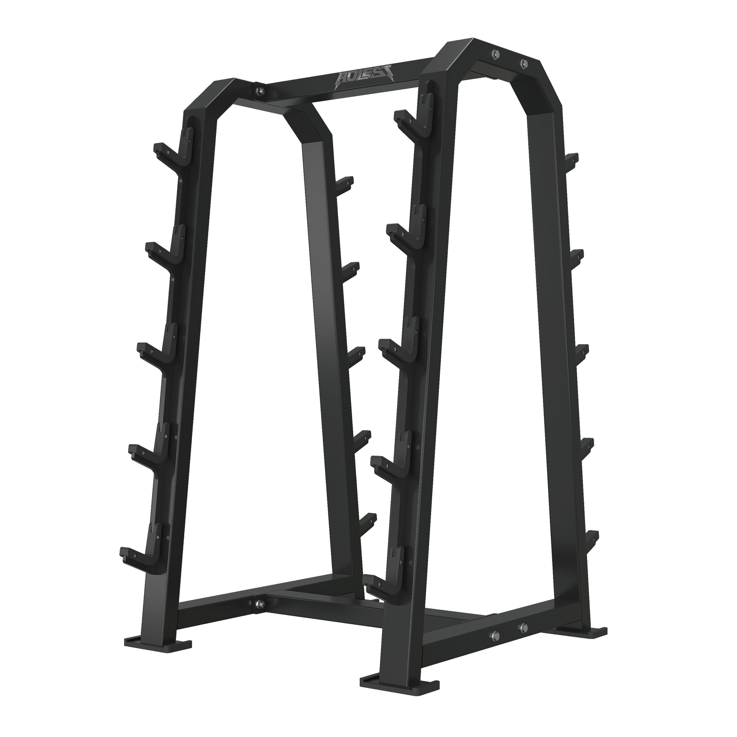 All-black tall vertical barbell storage rack with six-tier J-hook cradles