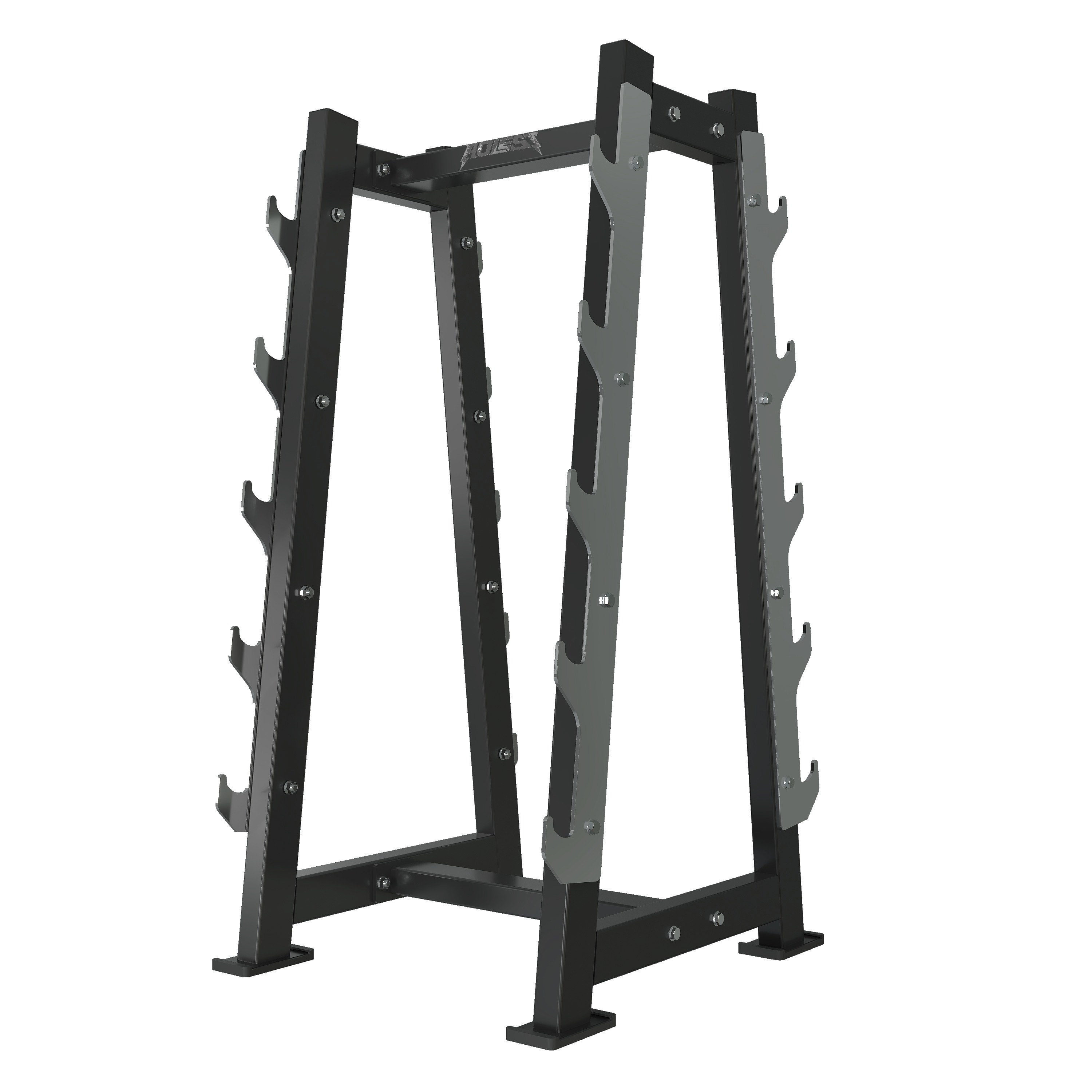 Vertical barbell storage rack with five-tier J-hook cradles for loaded fixed-weight barbells