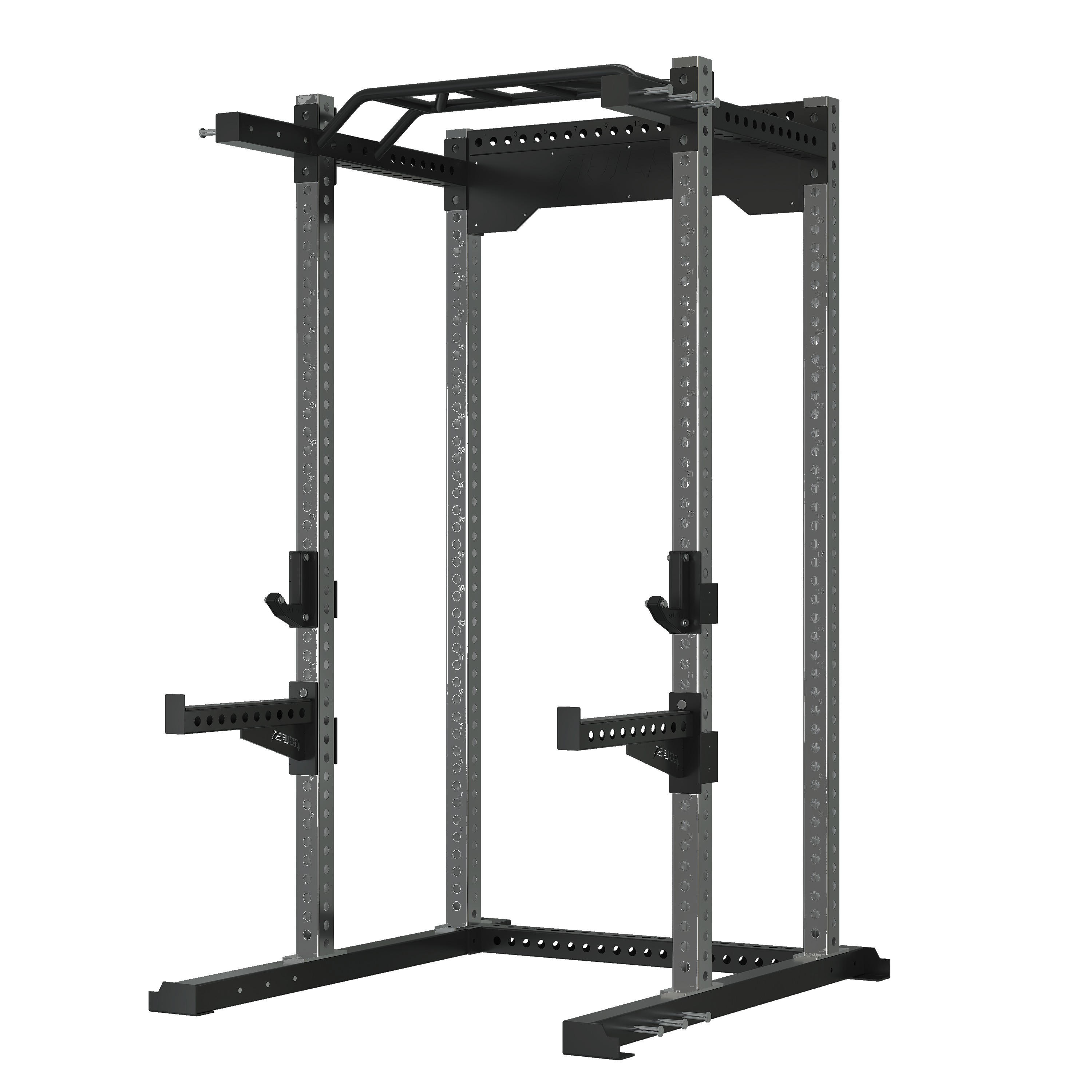 Classic four-post power rack with multi-grip pull-up bar at the top, J-hooks for unrack, and forward-extending spotter arms