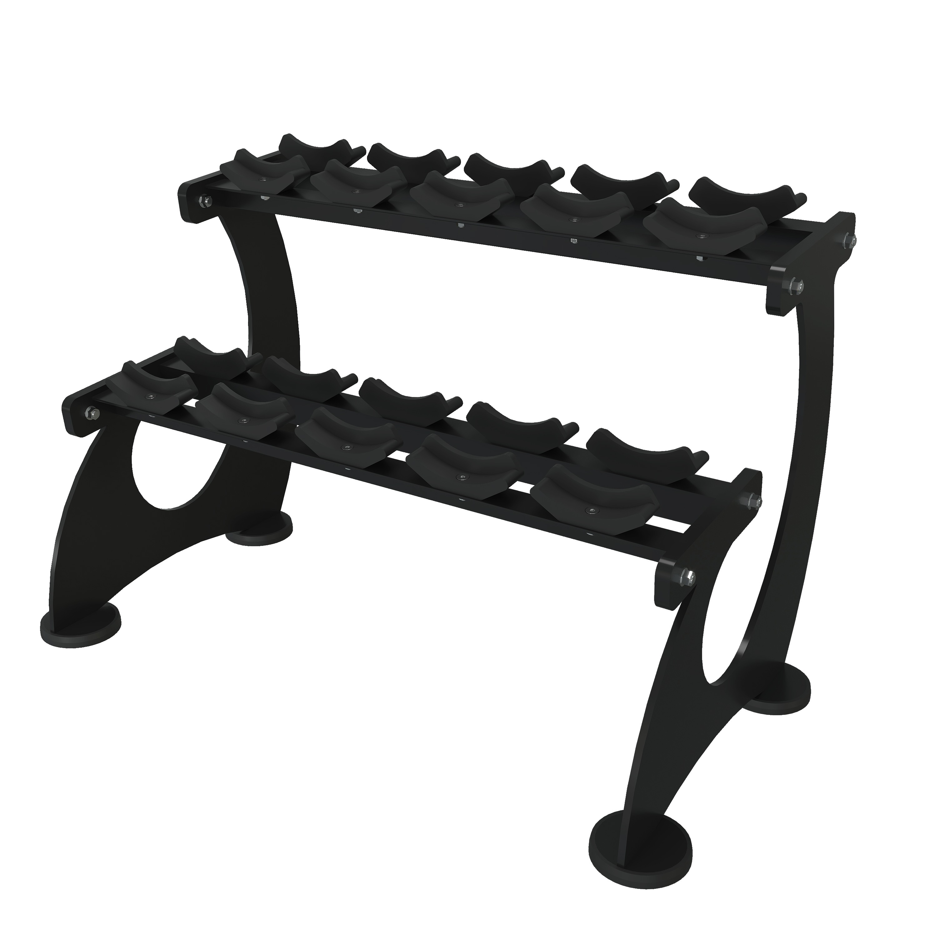 Compact two-tier dumbbell rack with five saddle cradles per tier, curved A-frame side legs, and circular base footpads