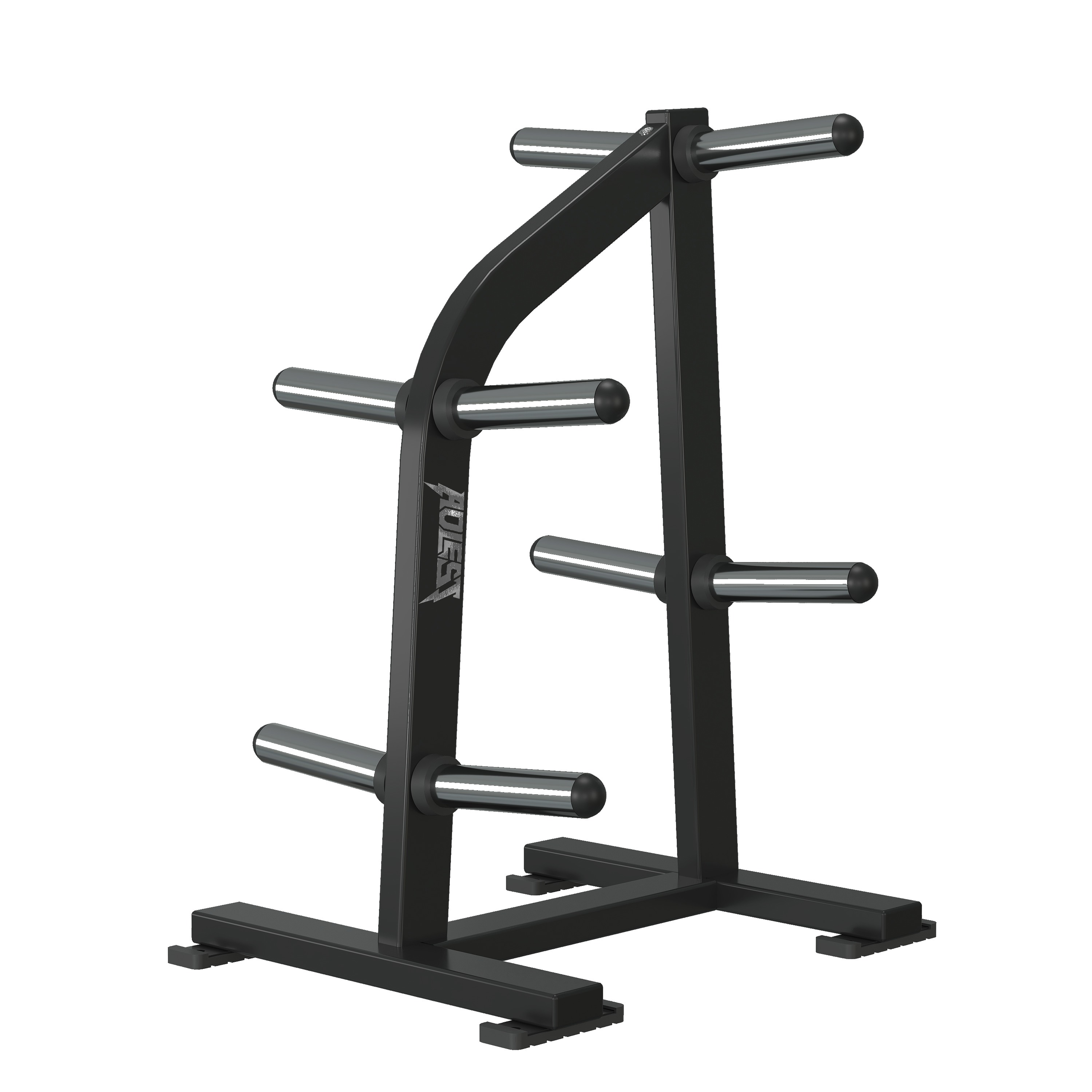 Compact Olympic plate tree with paired vertical columns, six chrome plate horns offset across both sides, and a wide bolt-down base