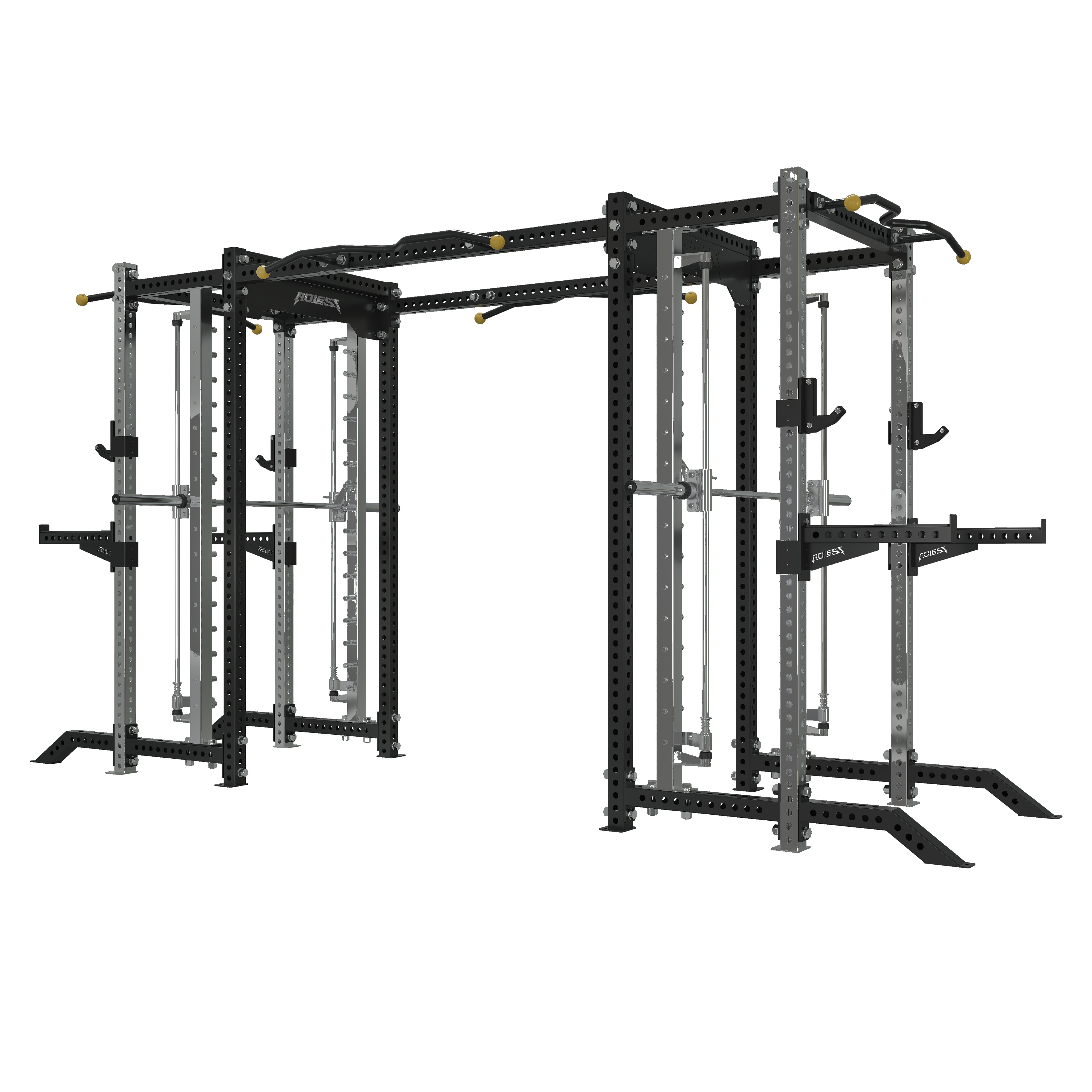 Double power rack with two side-by-side stations, integrated Smith machines on both, connecting beam, pull-up bars, and outer spotter wings