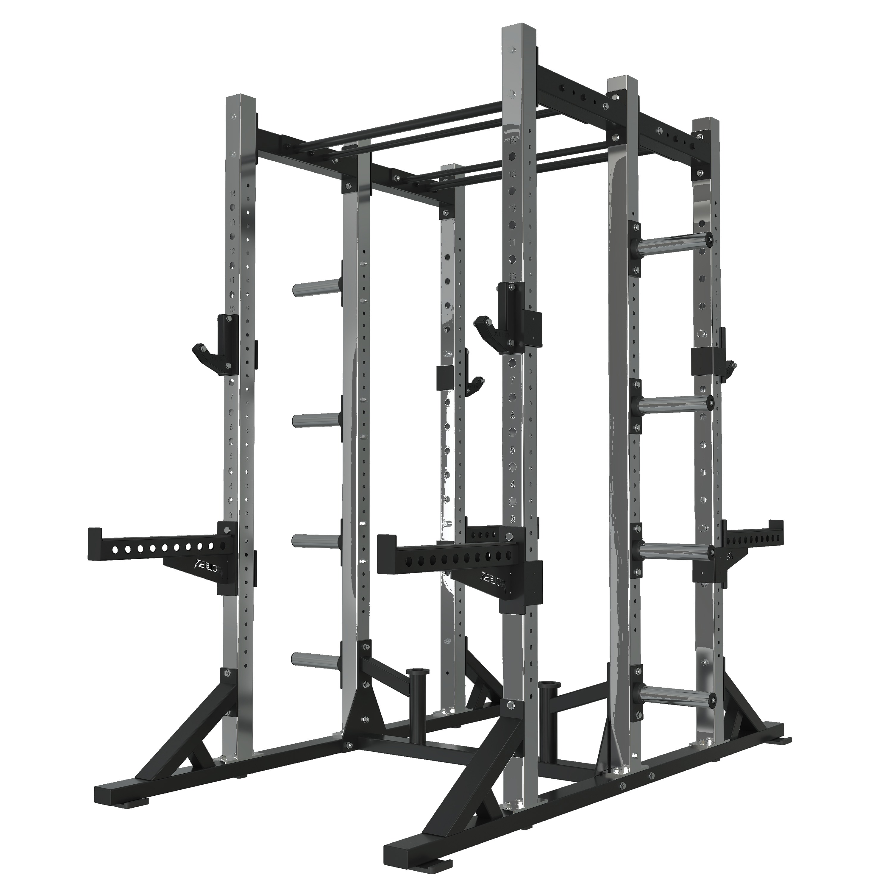 Double-sided power rack with two side-by-side stations, multi-tier plate horn storage on every upright, multi-grip pull-up bar, and side spotter wings