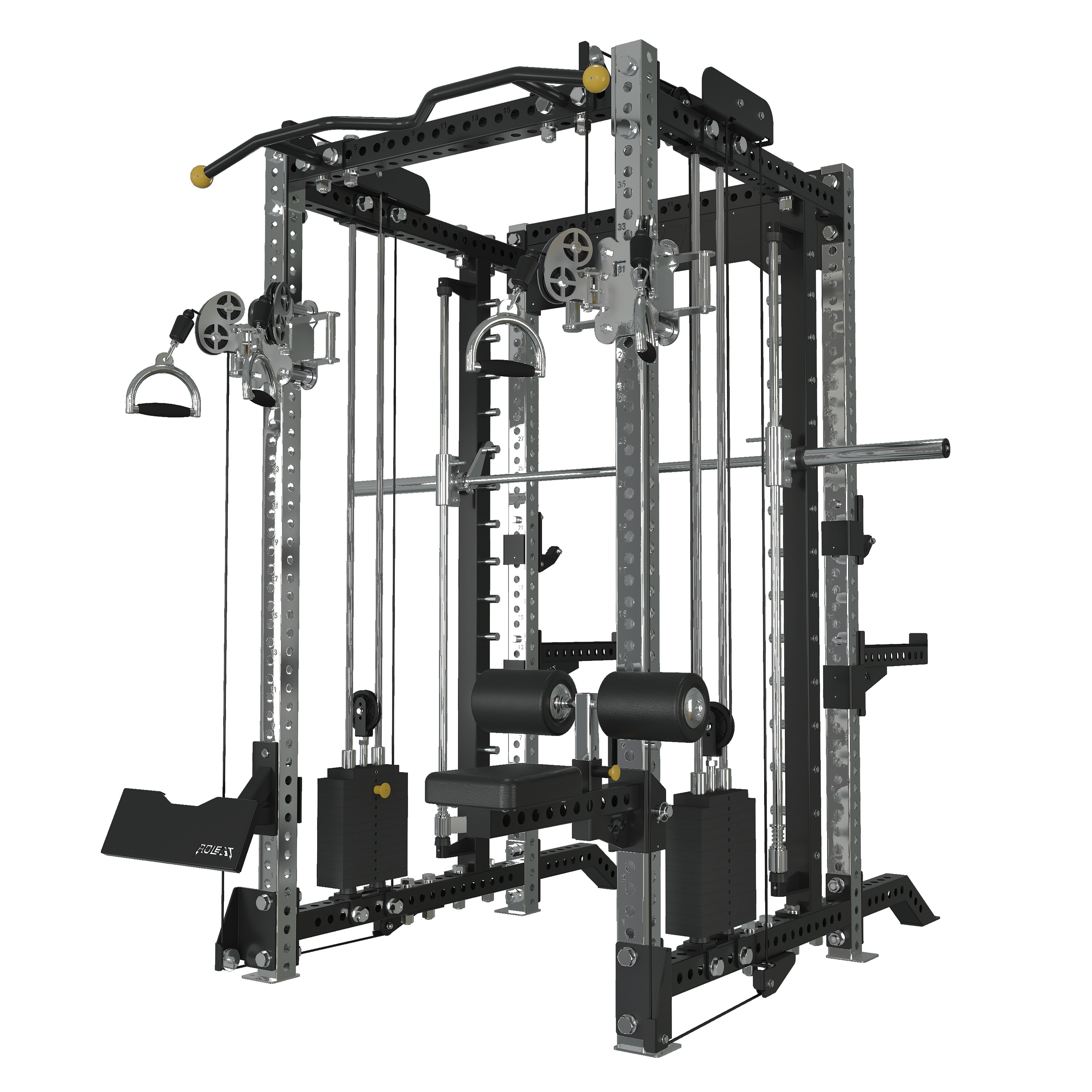 Double-sided power rack with integrated Smith machine, dual adjustable pulleys, lat pulldown and seated row station, and pull-up bar