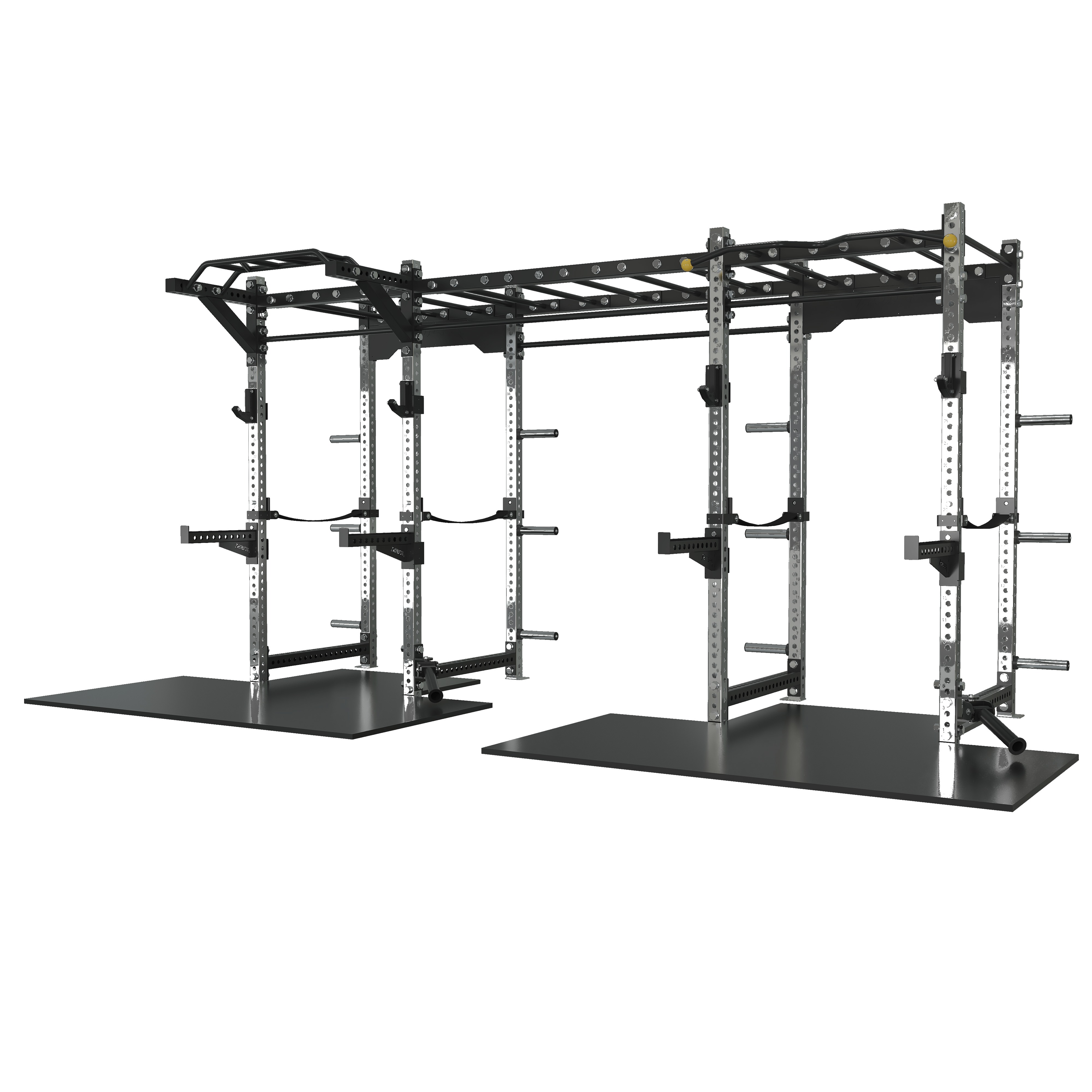 Dual squat rack rig with two side-by-side stations, overhead monkey-bar ladder, lifting platforms, multi-tier plate horn storage, side spotter wings, and gun-barrel landmines