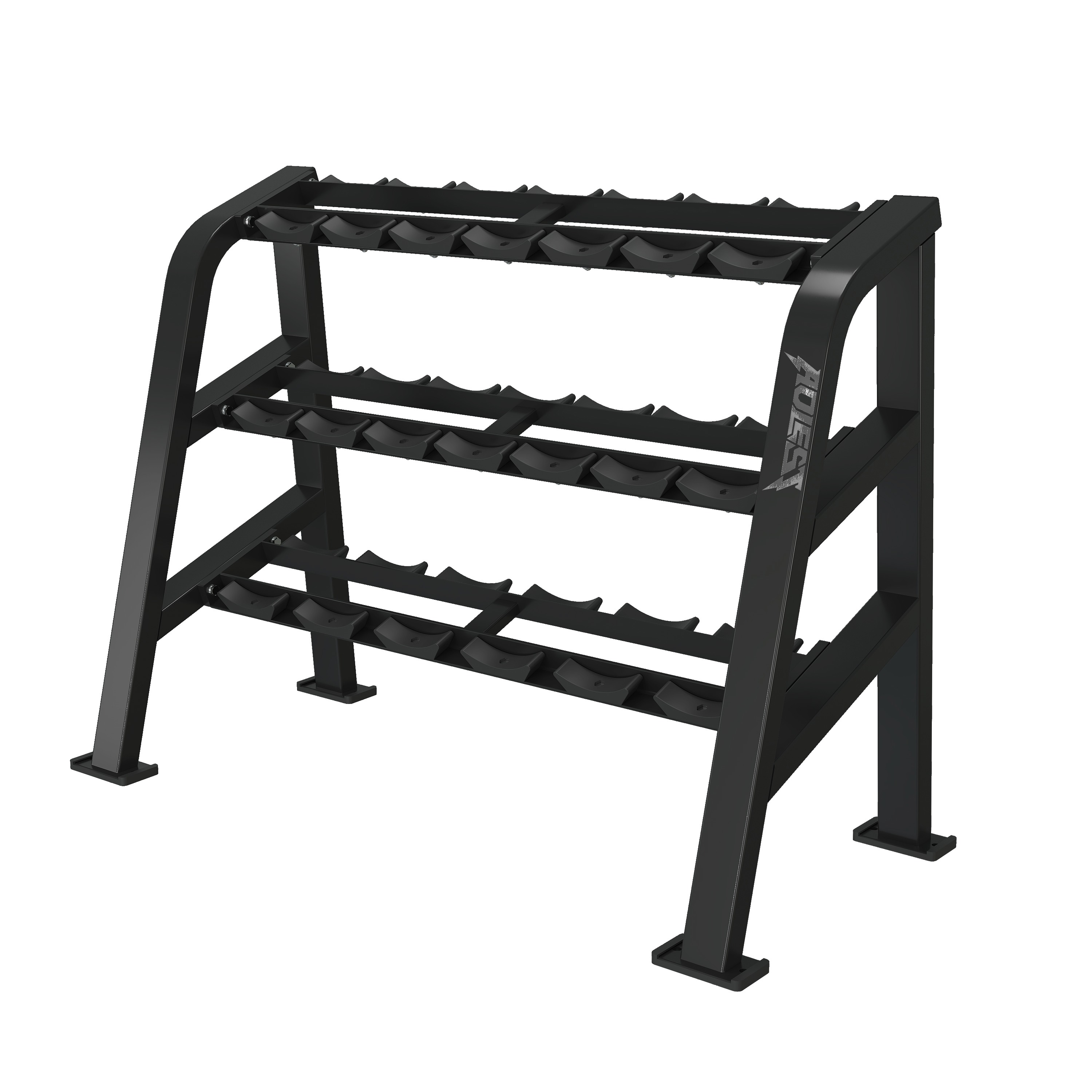 Three-tier dumbbell rack with saddle cradles on each tier and arched A-frame end columns