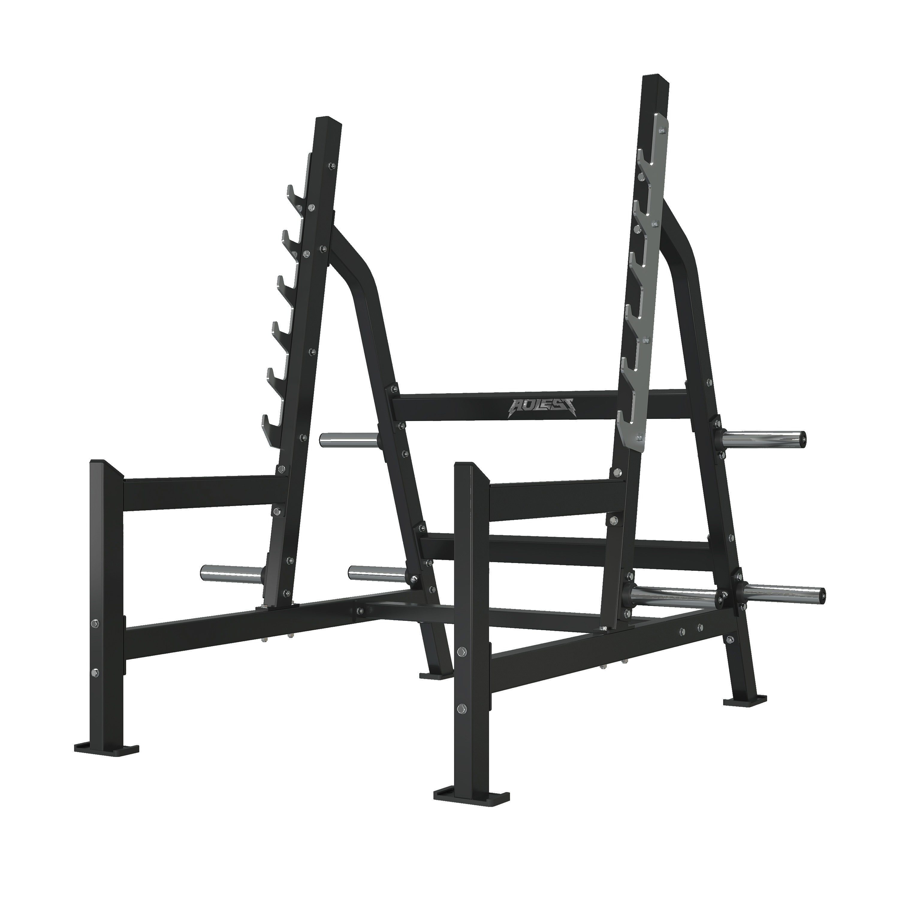 Free-standing squat rack with multi-tier J-hook slots and chrome plate horn storage on each upright