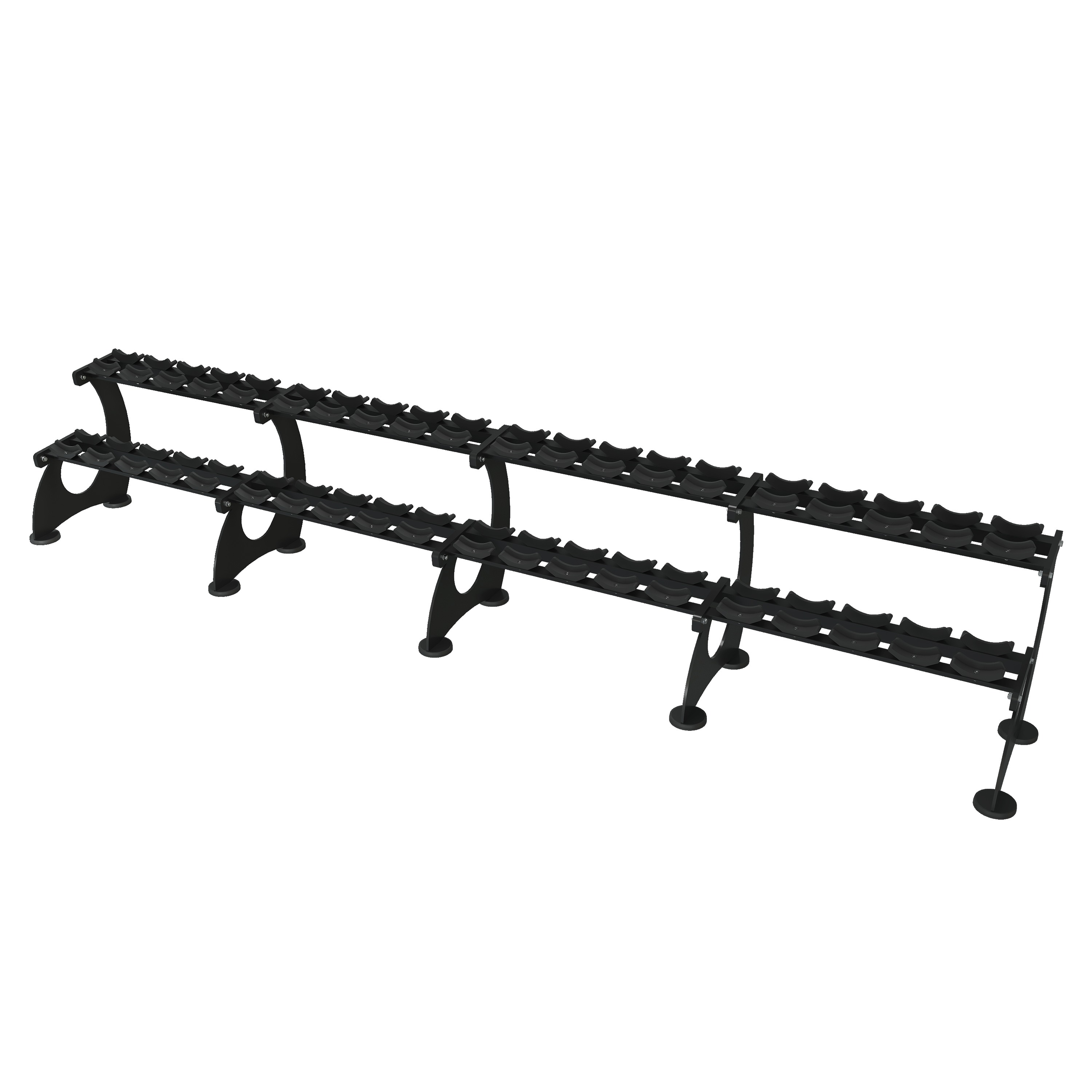 Full-length modular two-tier dumbbell rack with saddle cradles end-to-end, curved A-frame side legs, and reinforced inner legs