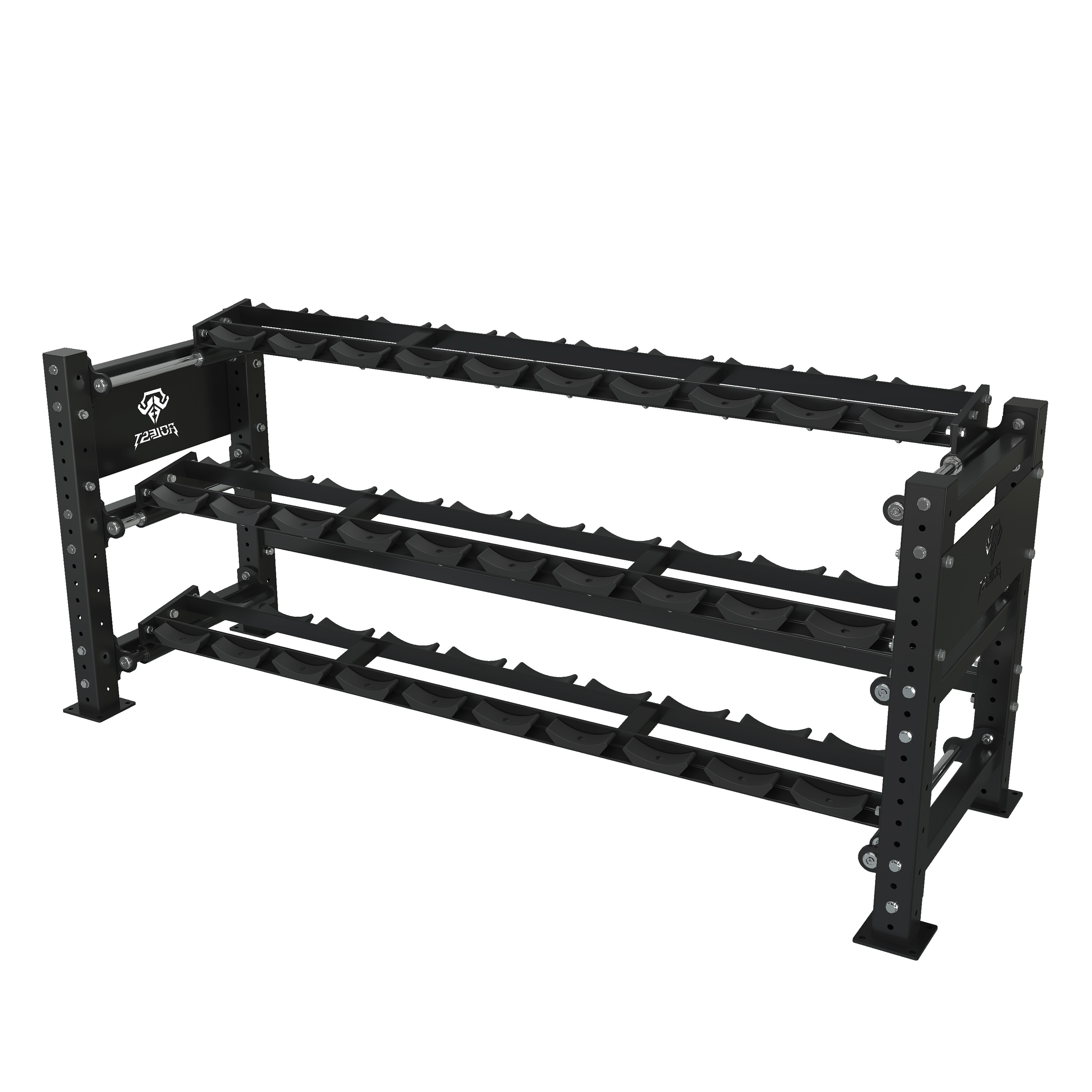 Heavy-duty three-tier dumbbell rack with perforated steel uprights, saddle cradles, and bolt-down footplates