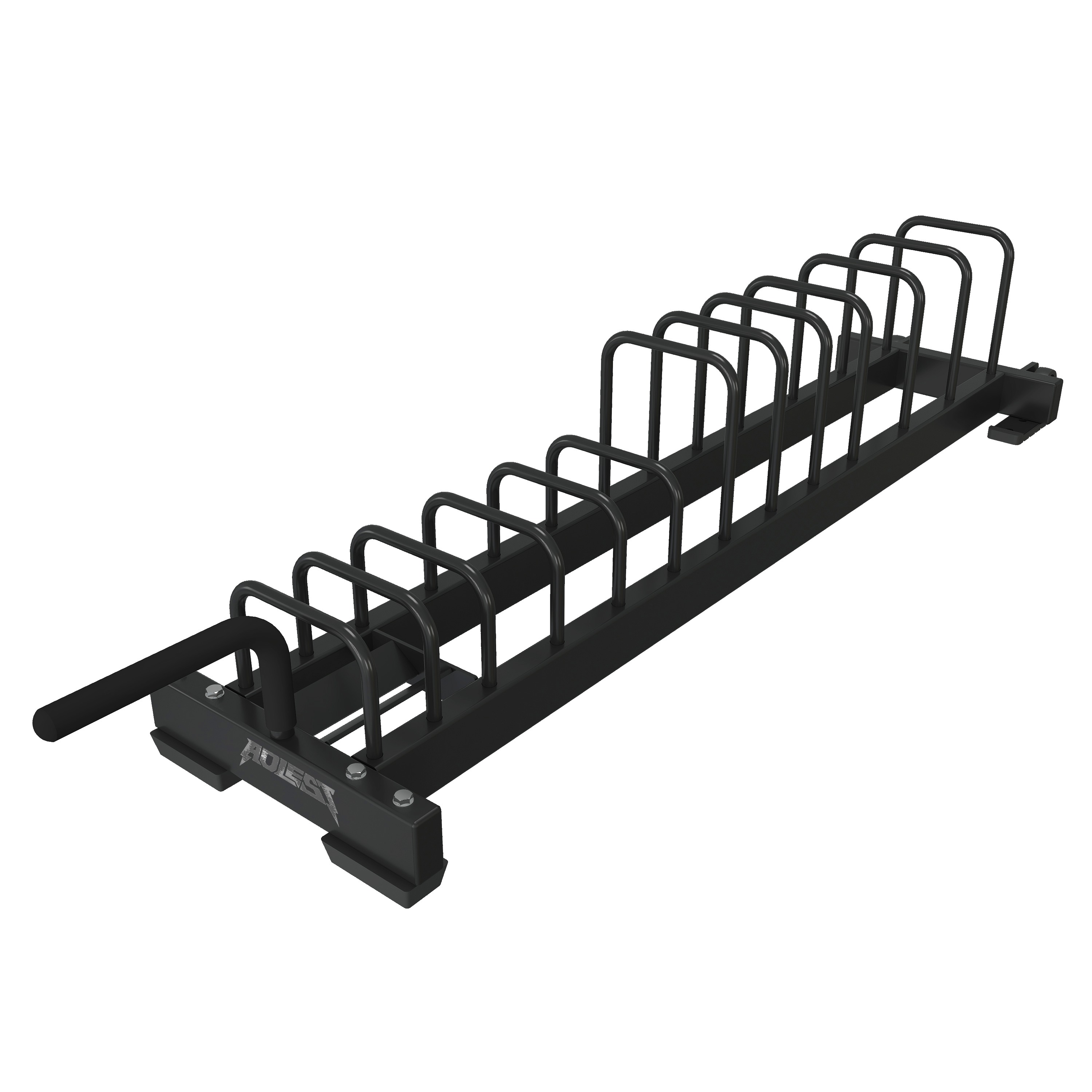 Horizontal bumper plate storage rack with eight vertical dividers, side tow handle, and rear transport wheels