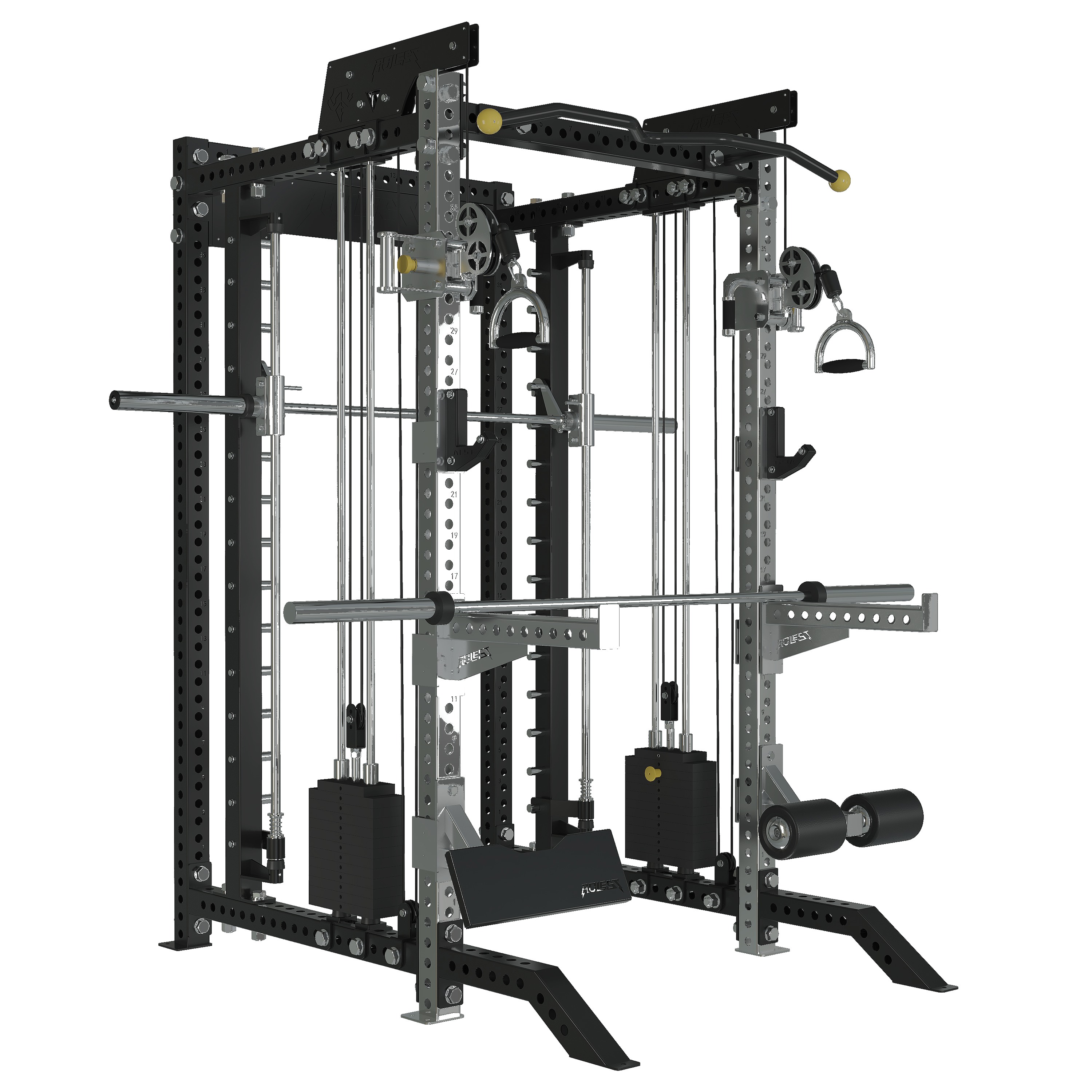 Multi-function power rack with integrated Smith machine, dual adjustable pulleys, pull-up bar, landmine, and leg curl attachment