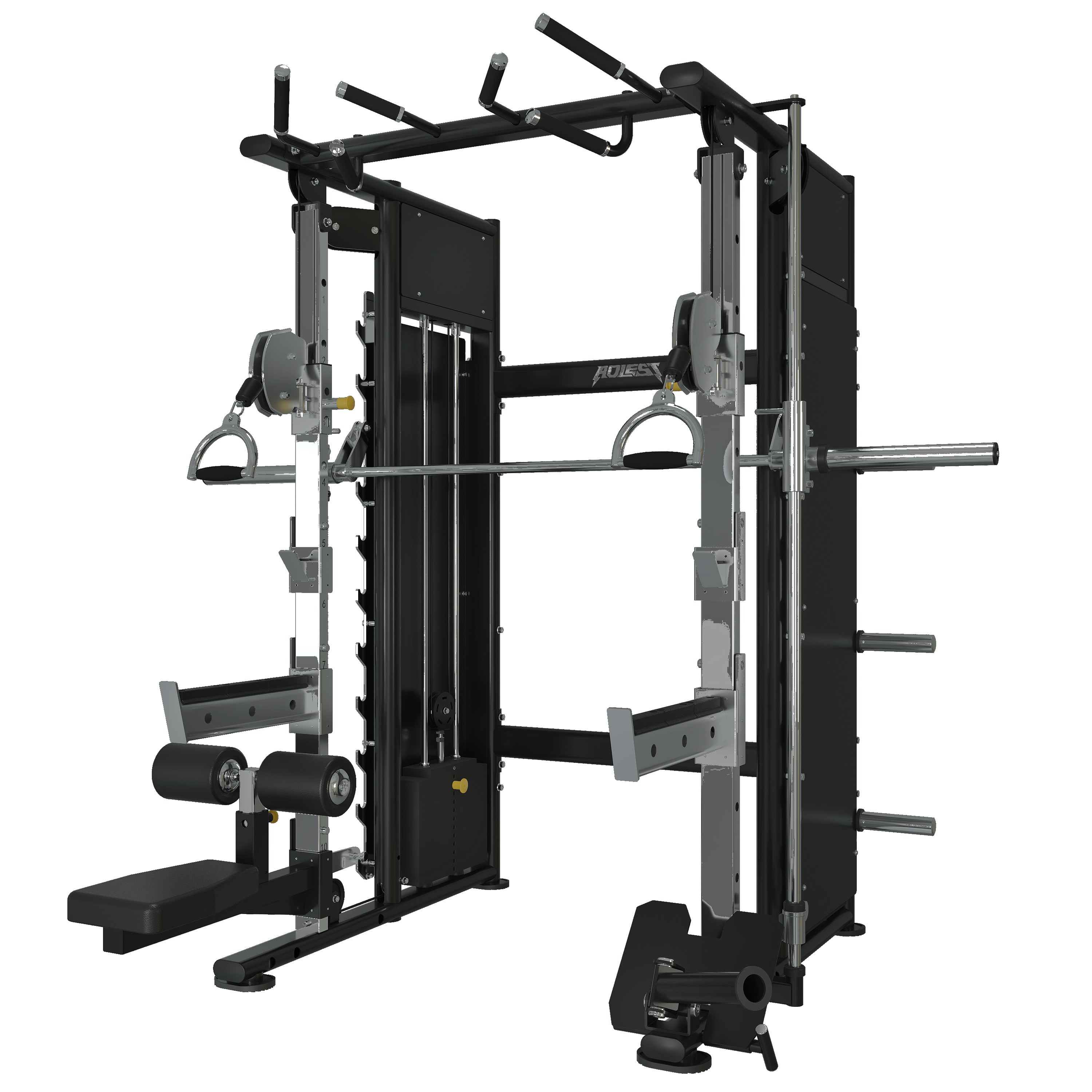 Multi-function Smith trainer with integrated Smith machine, dedicated lat pulldown and low row station, dual adjustable pulleys, squat-rack J-hooks, multi-grip pull-up bar, gun-barrel landmine, and rear plate horn storage