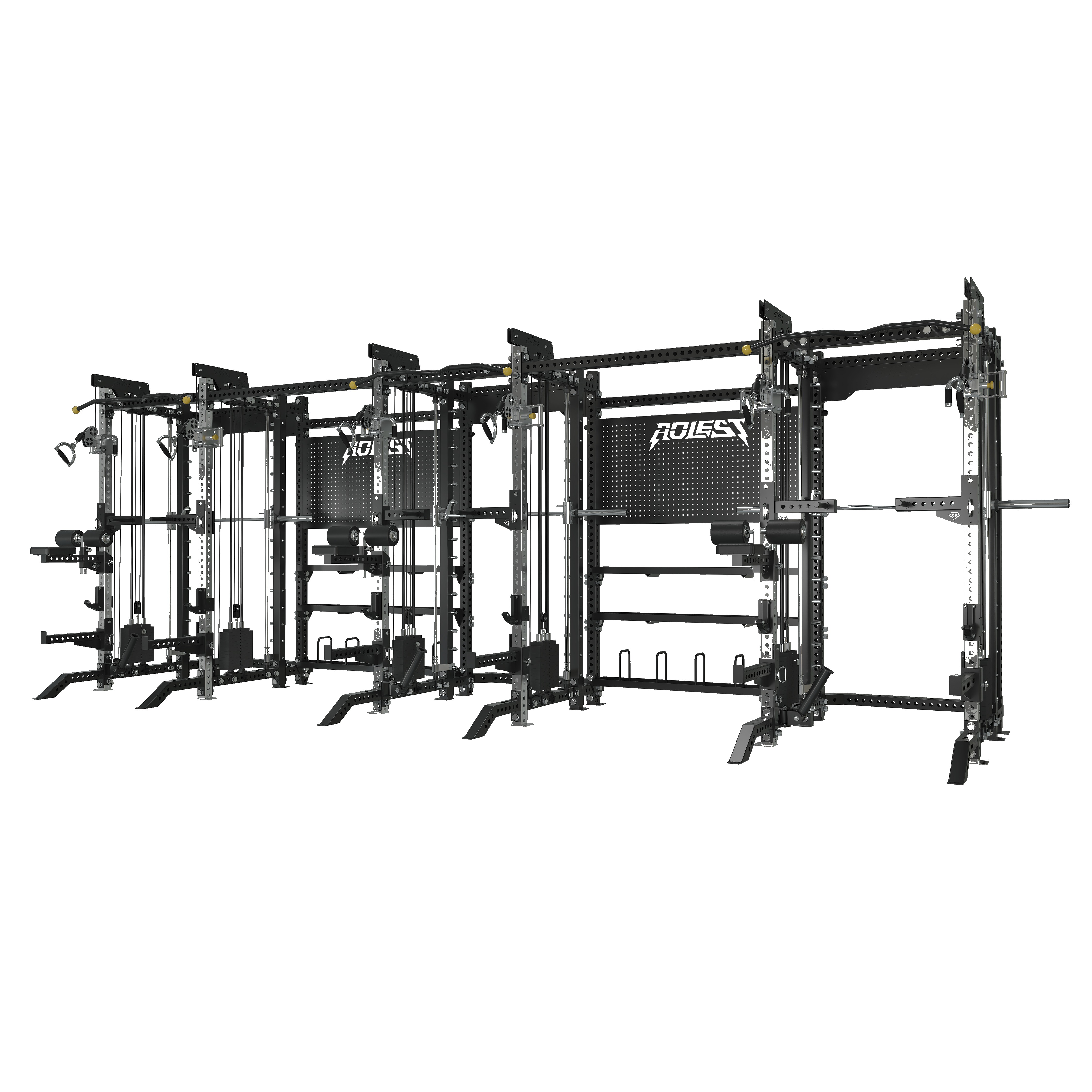 Premium multi-functional training wall with multiple squat-rack bays, twin Smith machines, lat pulldown stations, adjustable pulleys, pegboard panels, gun-barrel landmines, and full-length pull-up beam
