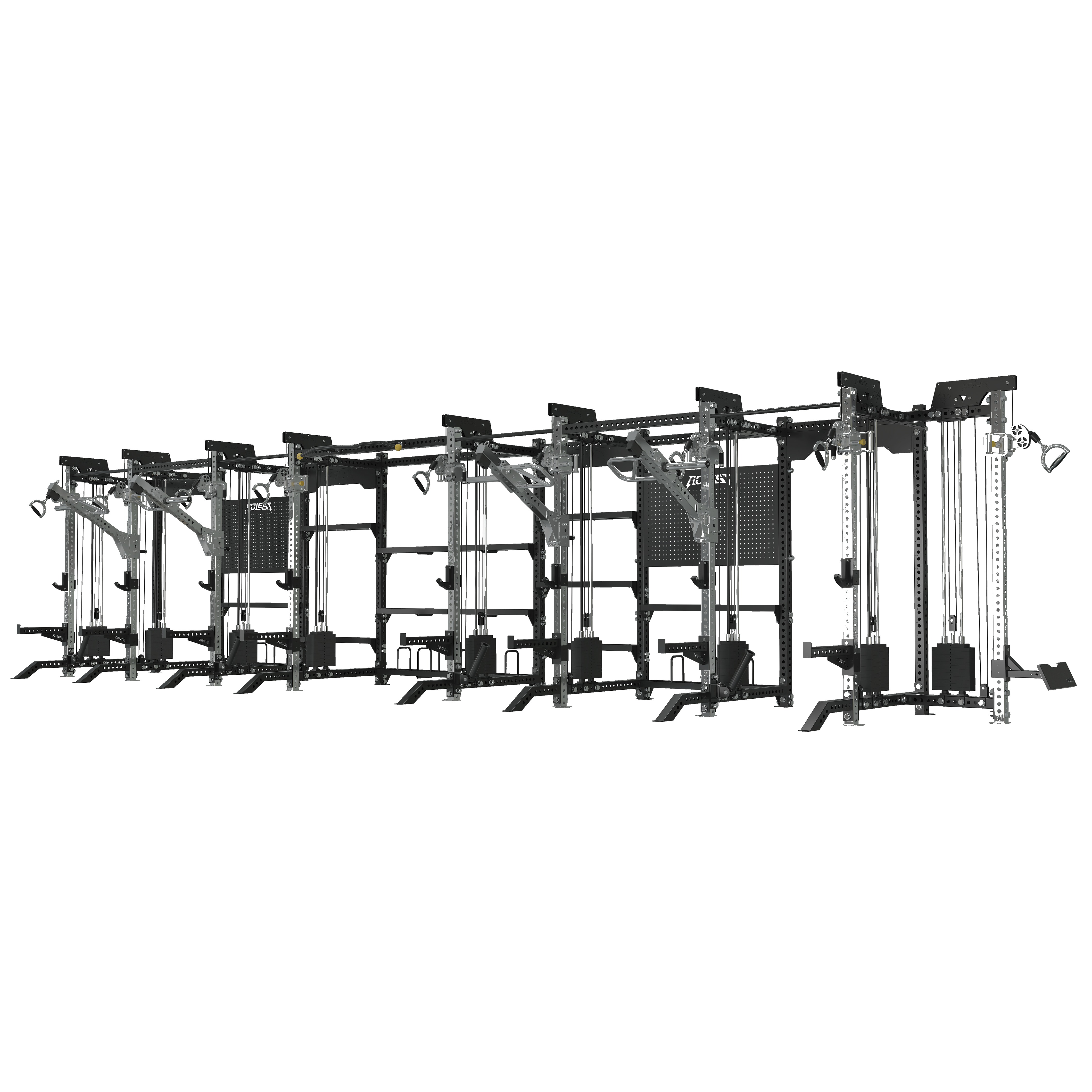 Multi-functional training wall with multiple squat-rack bays, adjustable pulleys with weight stacks on every column, pegboard panels, gun-barrel landmine attachments, and full-length pull-up beam