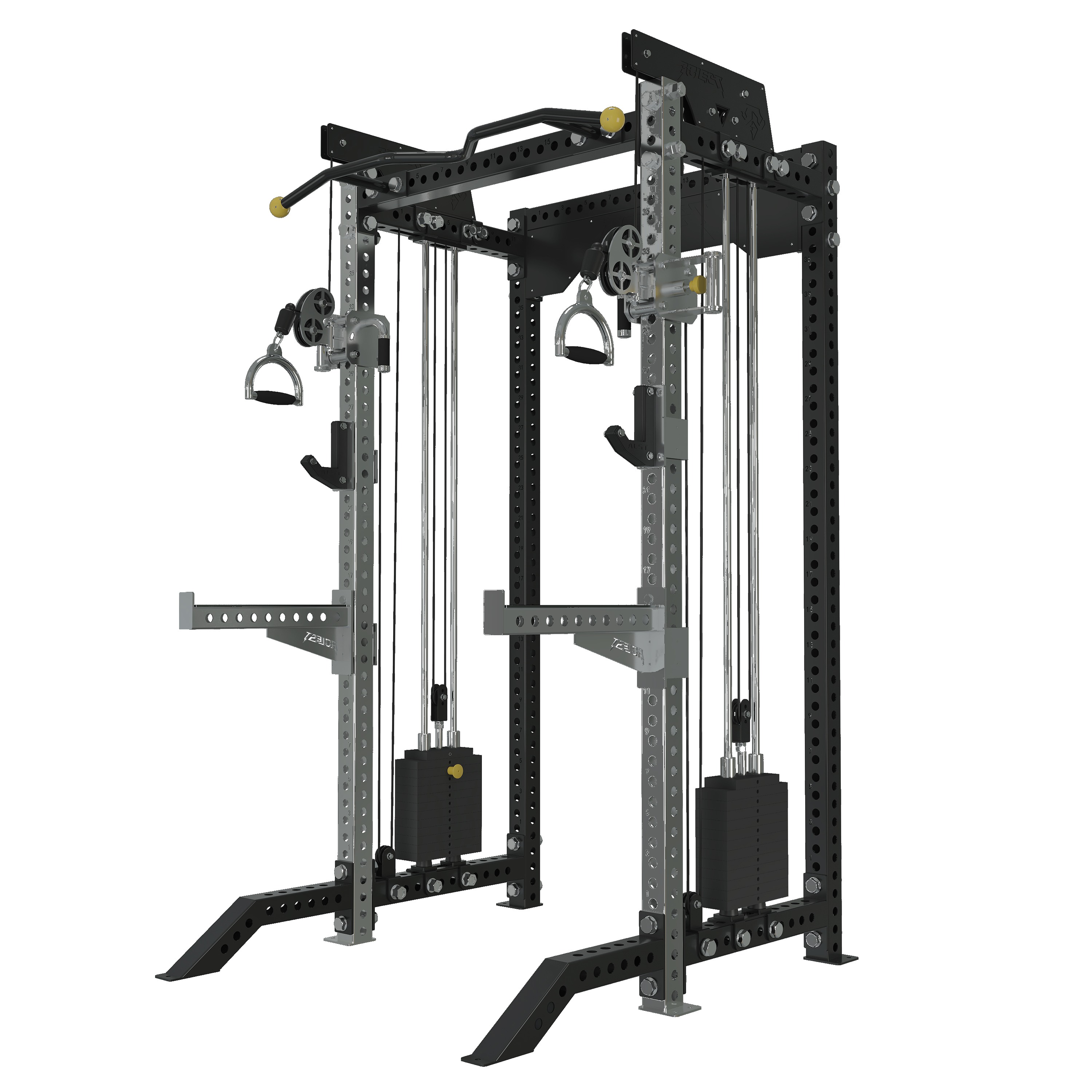 Power rack with integrated dual adjustable pulley functional trainer, pull-up bar, spotter arms, and plate horn storage