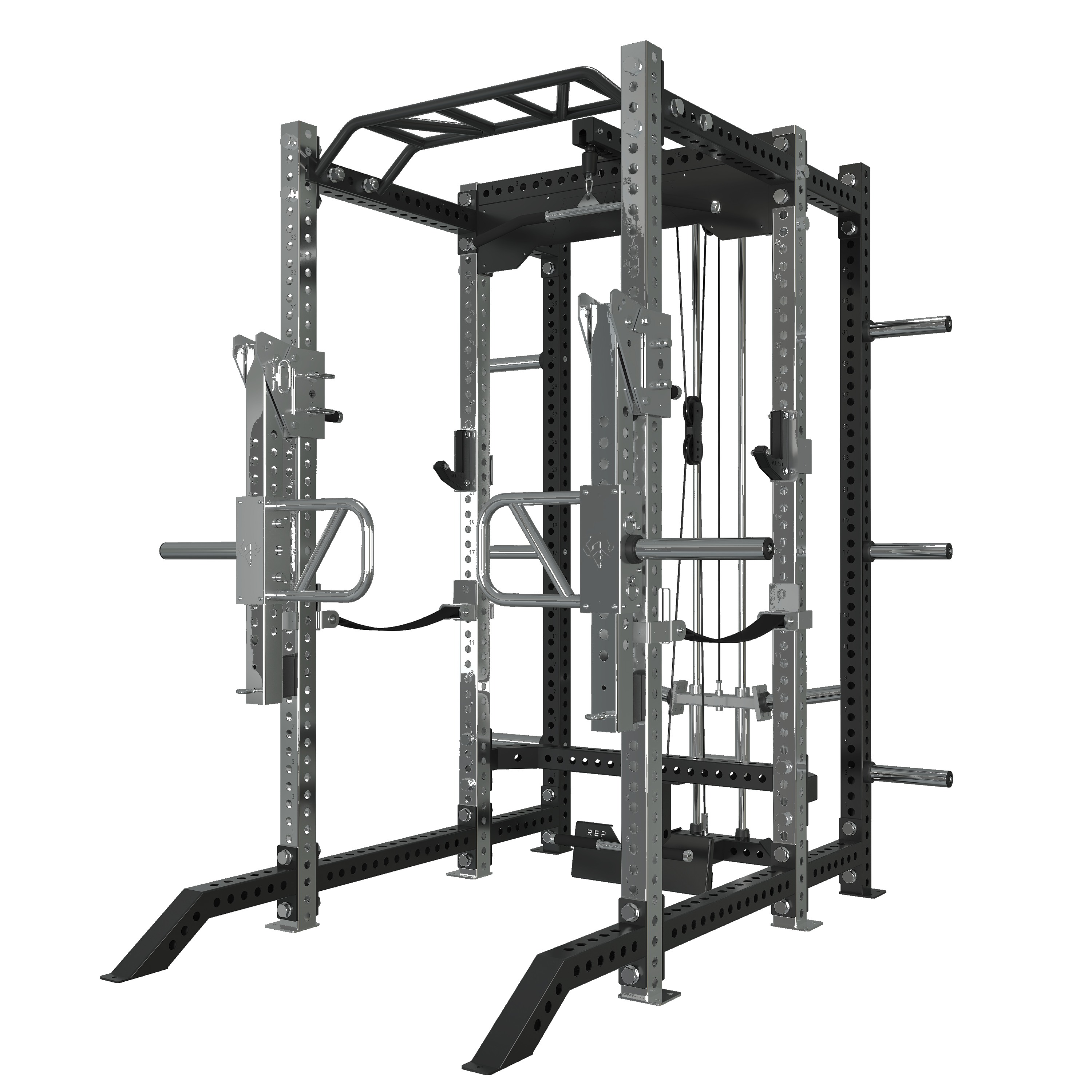 Power rack with integrated high/low pull cable column, pull-up bar, spotter arms, and plate horn storage