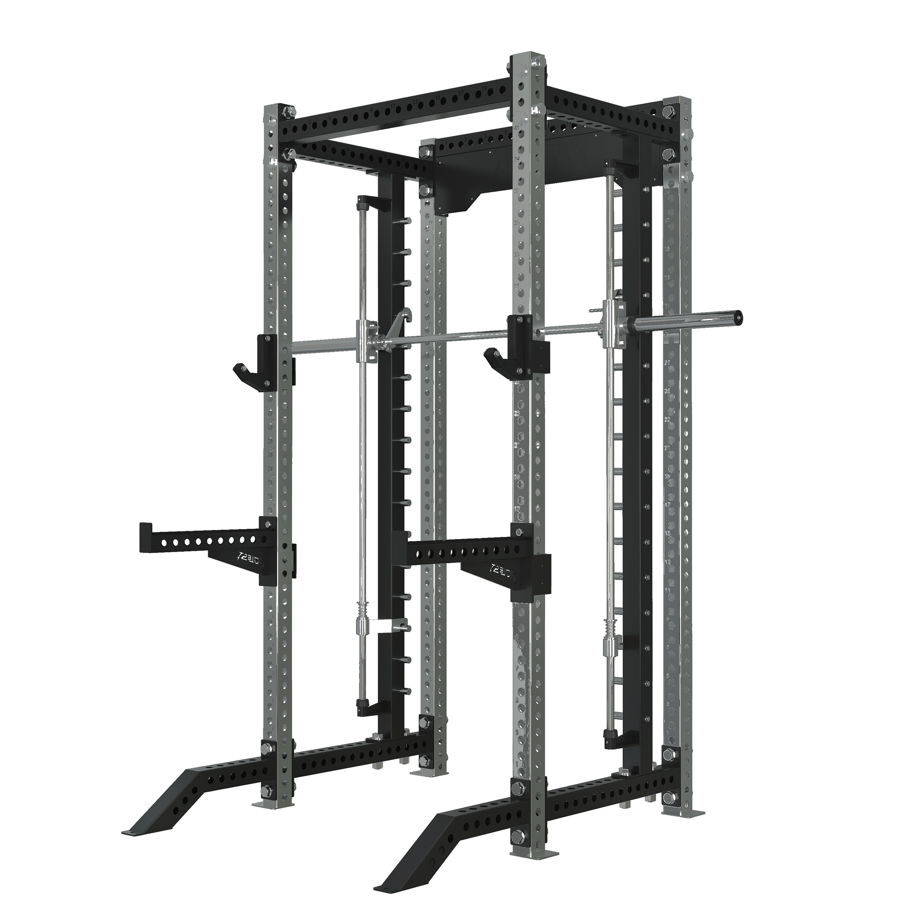 Rig-grade four-post power rack with integrated Smith machine, pull-up bar, spotter arms, and J-hooks